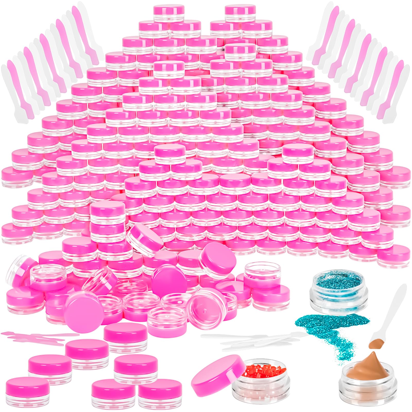 Motbach 100 Pcs 3G Empty Plastic Containers With Lids,Tiny Makeup Sample Containers, Small Pot Jars Pink Round Cosmetic Jars Wit