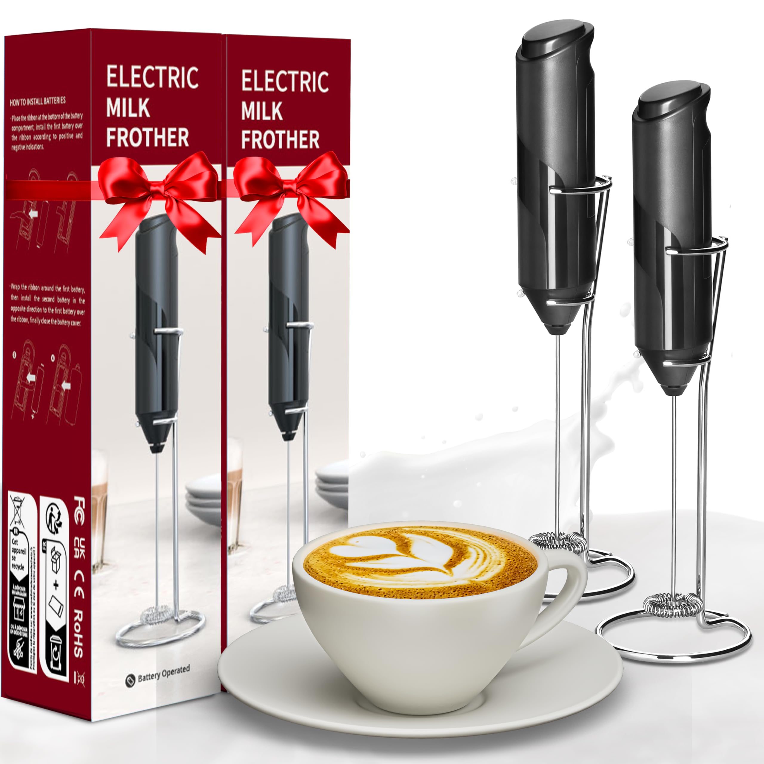 Yssoa Electric Milk Frother Handheld With Stainless Steel Stand Battery Operated Whisk Drink Mixer For Coffee, Frappe, Latte, Ma