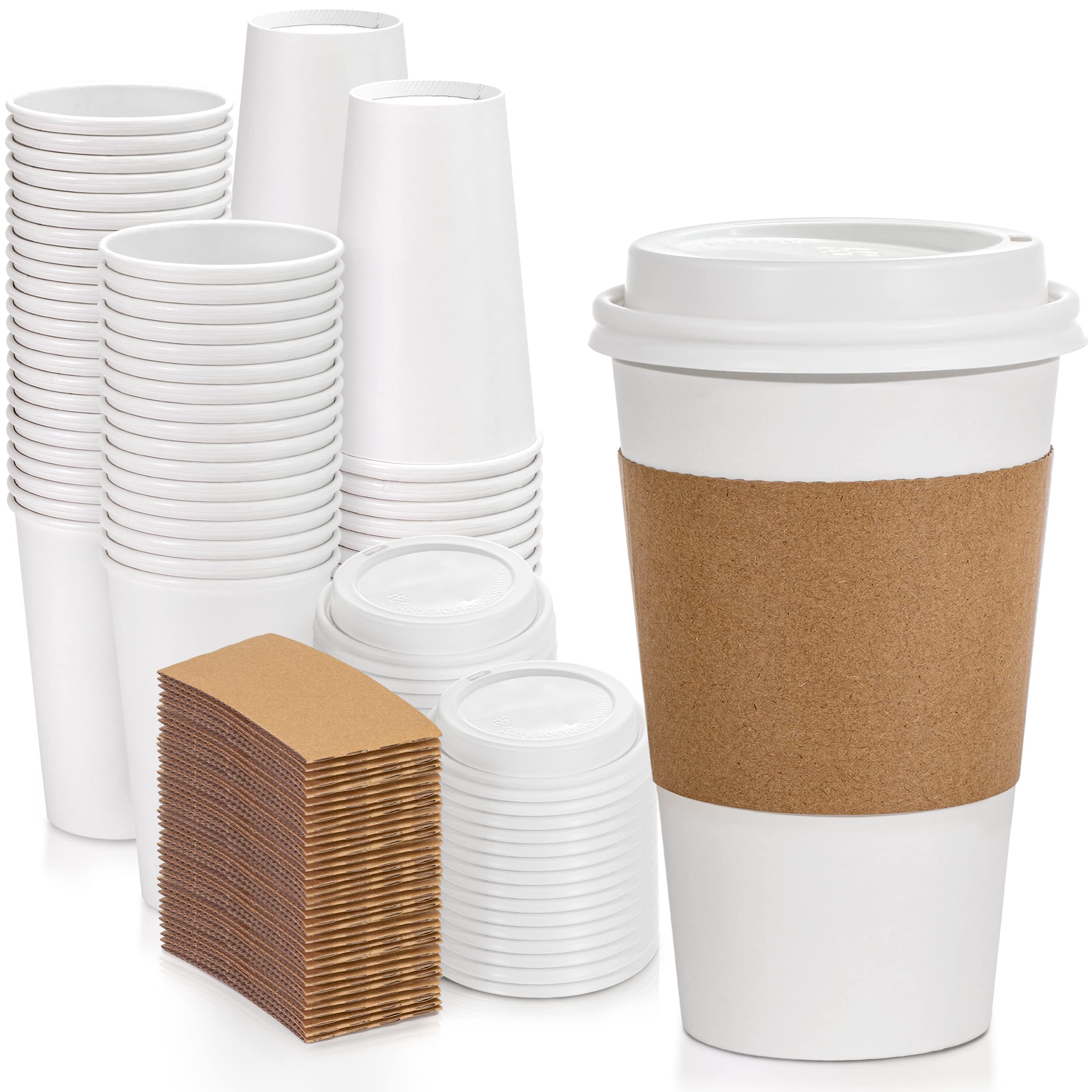 Fit Meal Prep [50 Pack 16 Oz Coffee Cups With Lids And Kraft Sleeves, Premium Disposable Paper Coffee Cups, Durable Thickened To