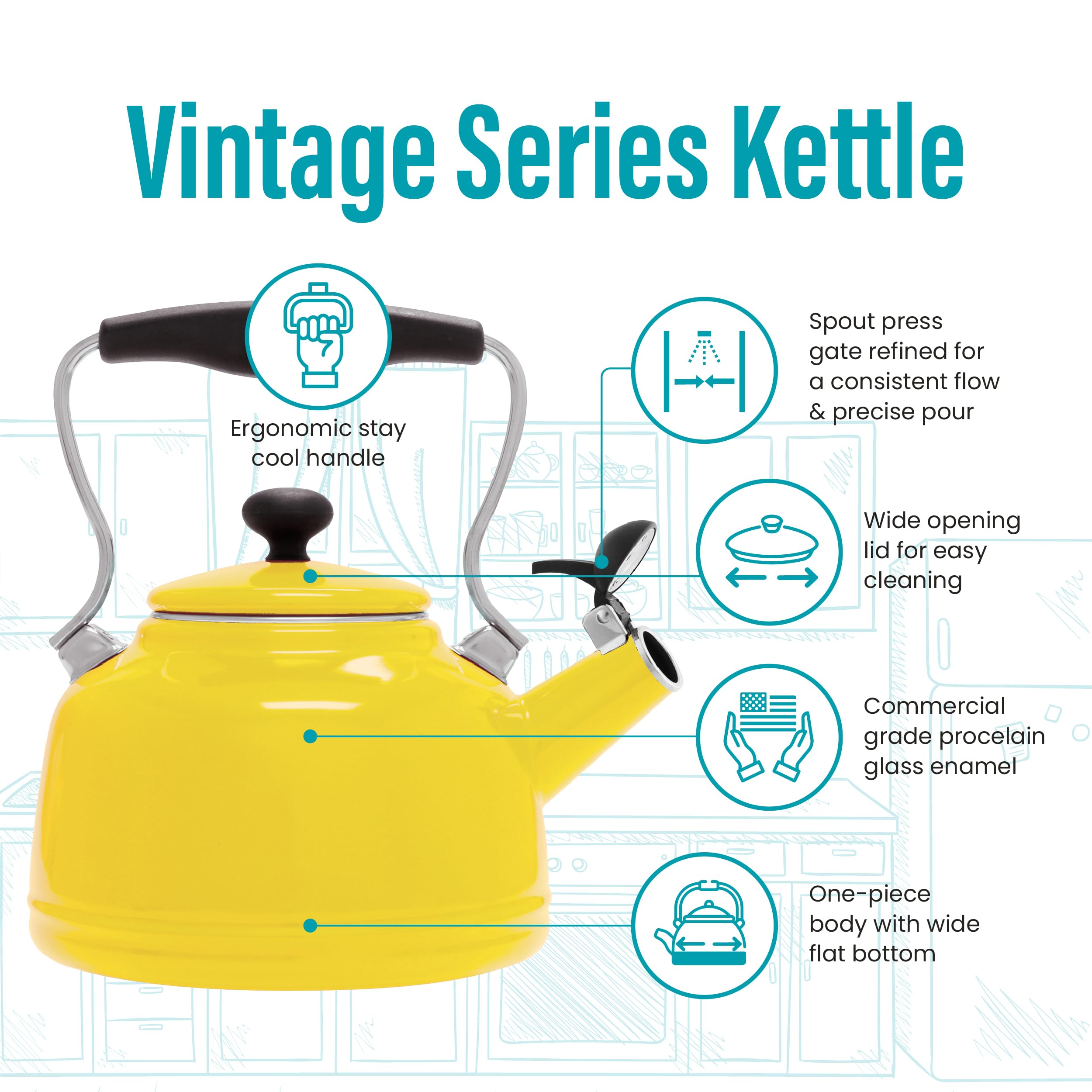 Chantal Tea Kettle, 1.7 Qt, Vintage Series, Premium Enamel On Carbon Steel, Whistling, Even Heating & Quick Boil (Canary Yellow)