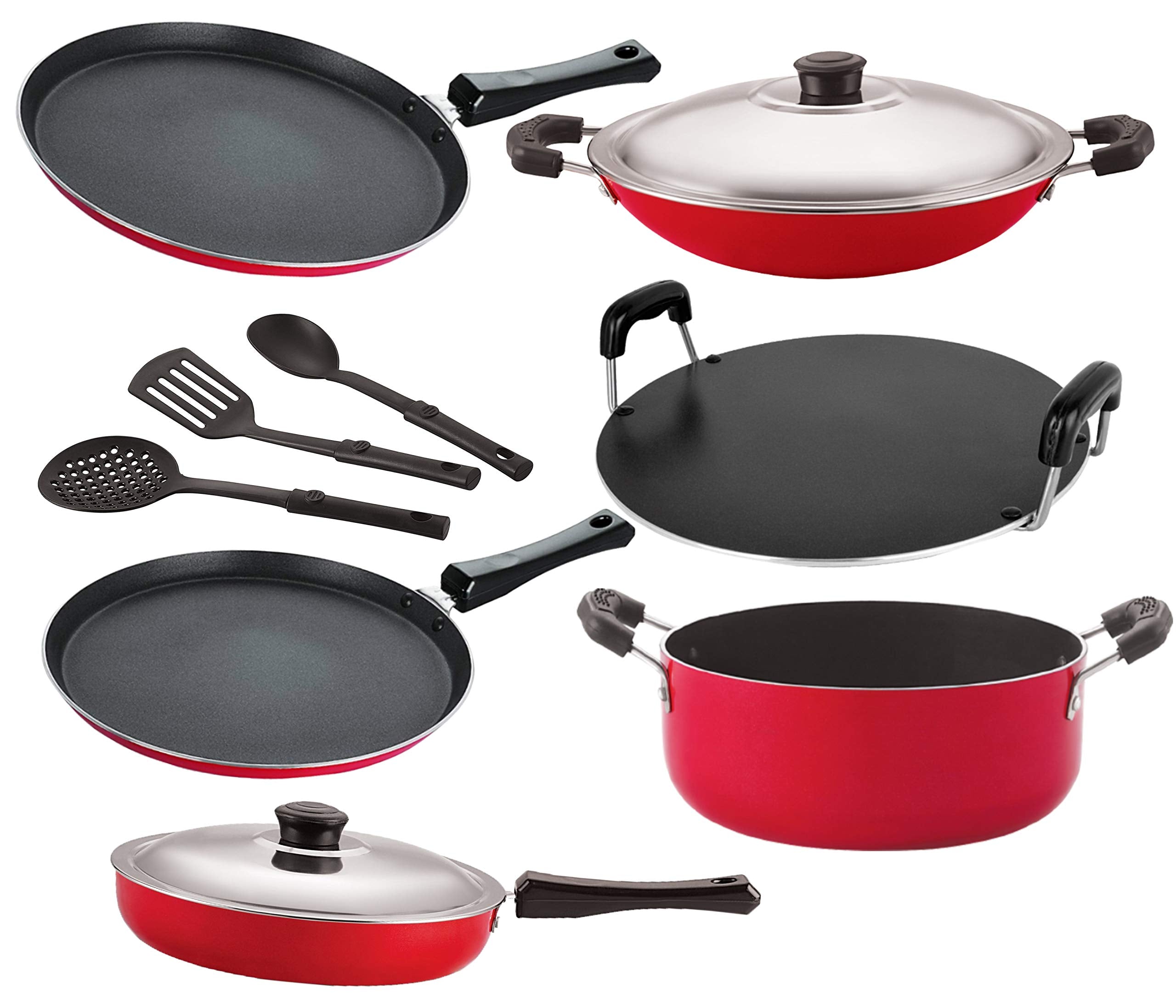 Nirlon NonStick Aluminium Heat Resistance Cookware Set Of 9 Pieces With Bakelite Handle {2.6Mm_Ft13_Ft12_Ac_Rt_Cass20_Fp12_3Spn