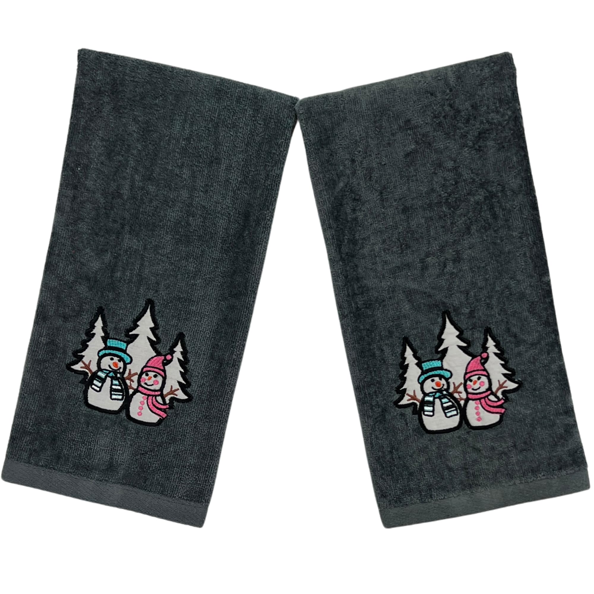 Luxury Holiday Christmas Hand Towels, Embroidered Snowmen, Forest Trees, Velour Terry Cotton, Grey, Set Of 2