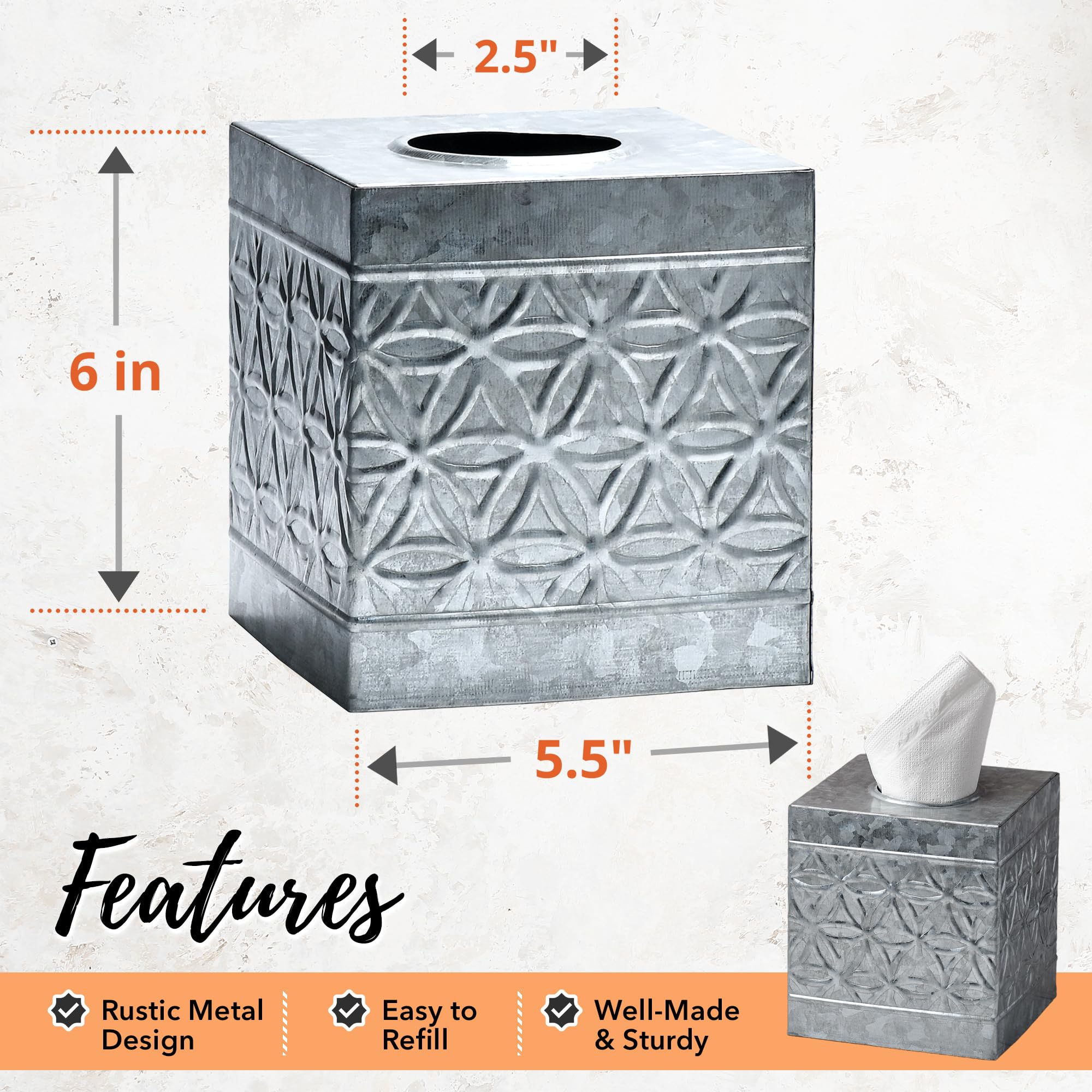 Autumn Alley Galvanized Tissue Box Cover Square, Rustic Bathroom Accessories, Tissue Holders For Bathrooms, Bedroom, Kitchen Wit