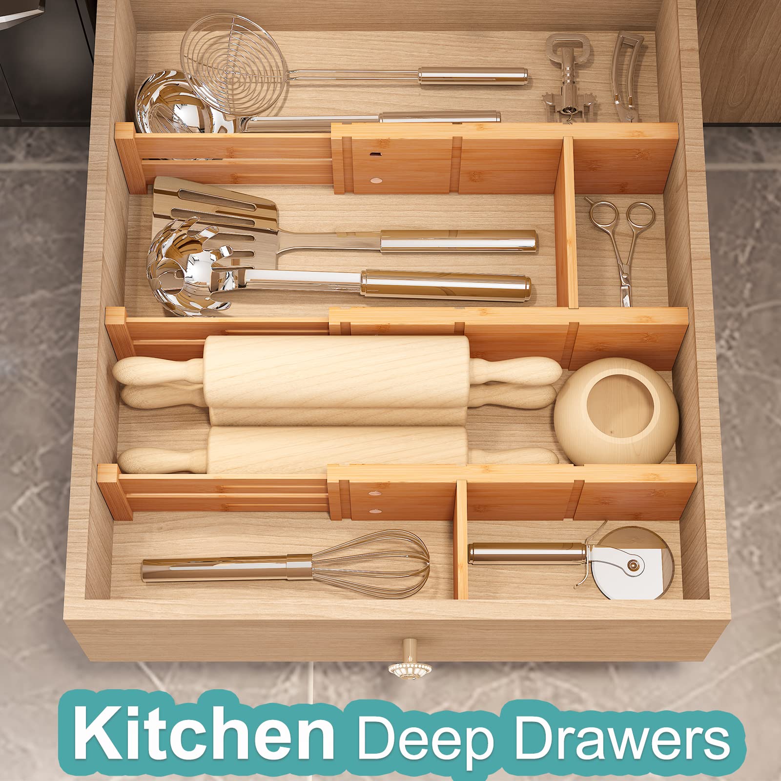 Vriccc 4.4'' High Drawer Dividers with Inserts, Bamboo Drawer Dividers for Clothes, Expandable from 12-17.5'', Adjustable drawer