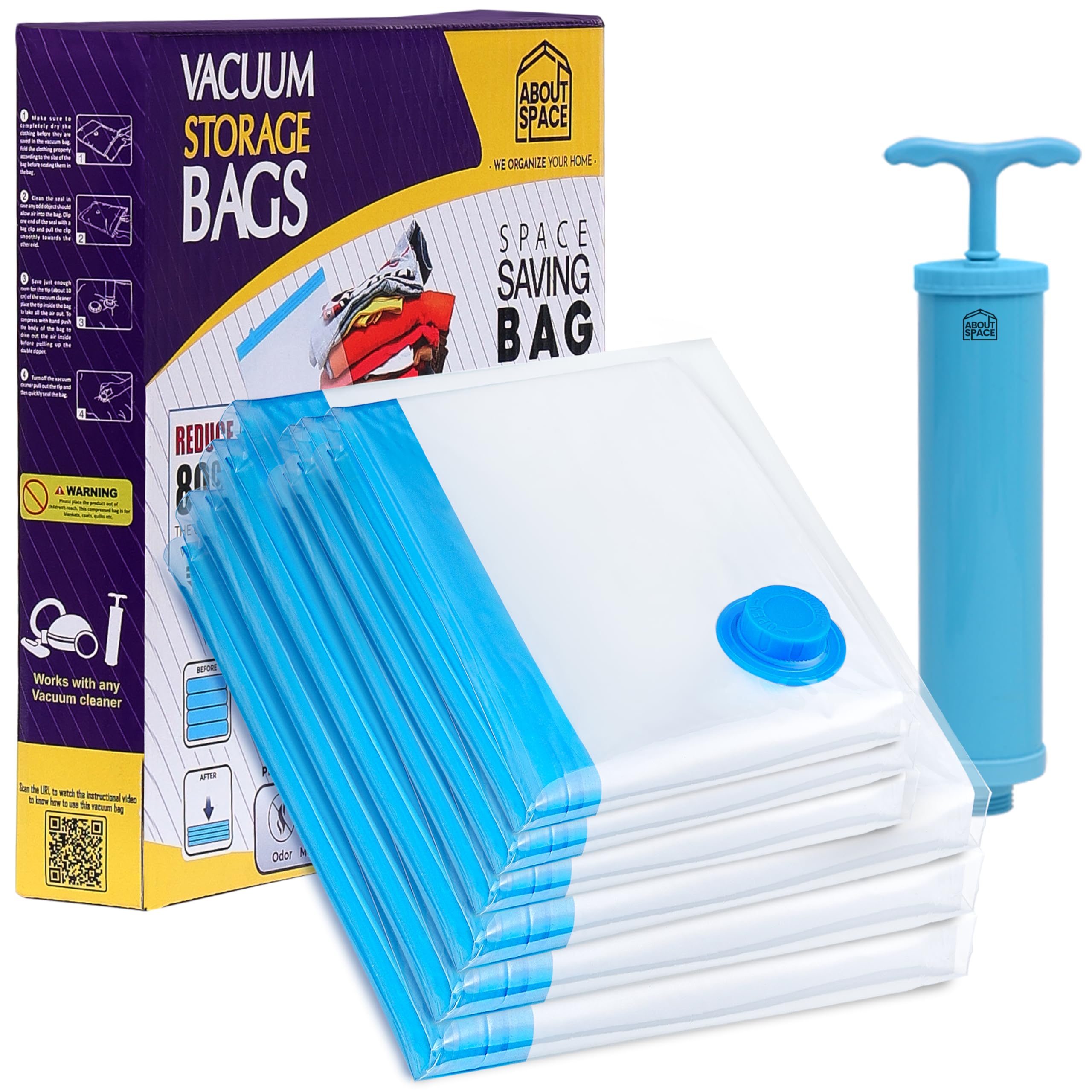About Space Vacuum Compression Bags (6 Pack) With Hand Pump | 3 Jumbo/3L Zip Seal Compression Storage Bags | HeavyDuty Airtight
