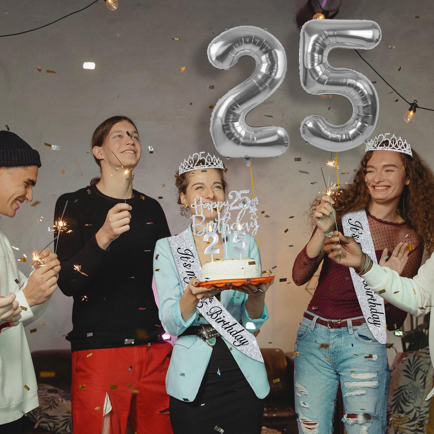 25th Birthday Decorations for Women Silver with 25th Birthday Sash and Crown, Cake Topper and Candles, Number Balloons, 25 Year