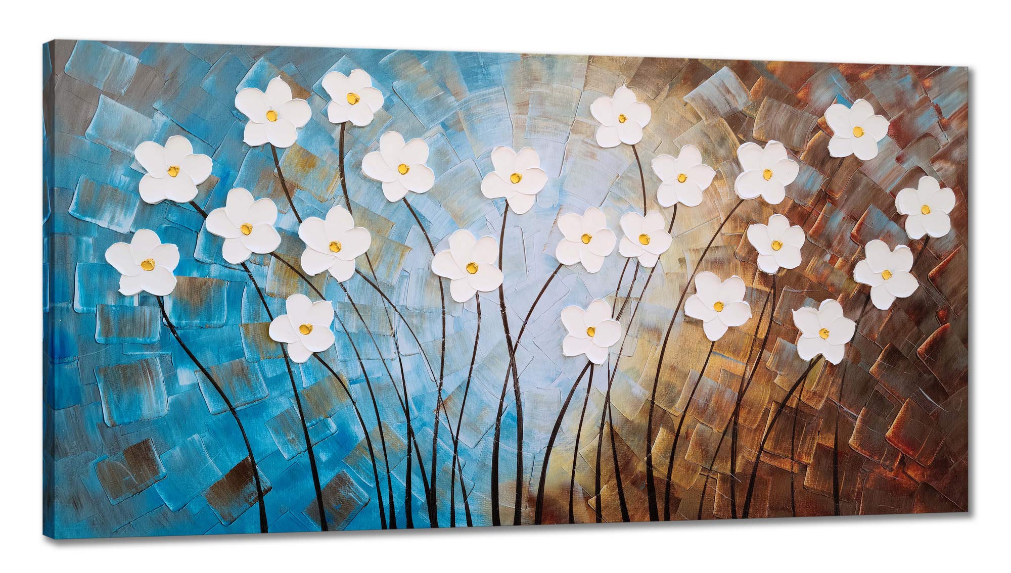 Yihui Arts Flower Painting Hand Painted 3D Brown Light Blue White Canvas Wall Art Giant Contemporary Plant Pictures For Bedroom