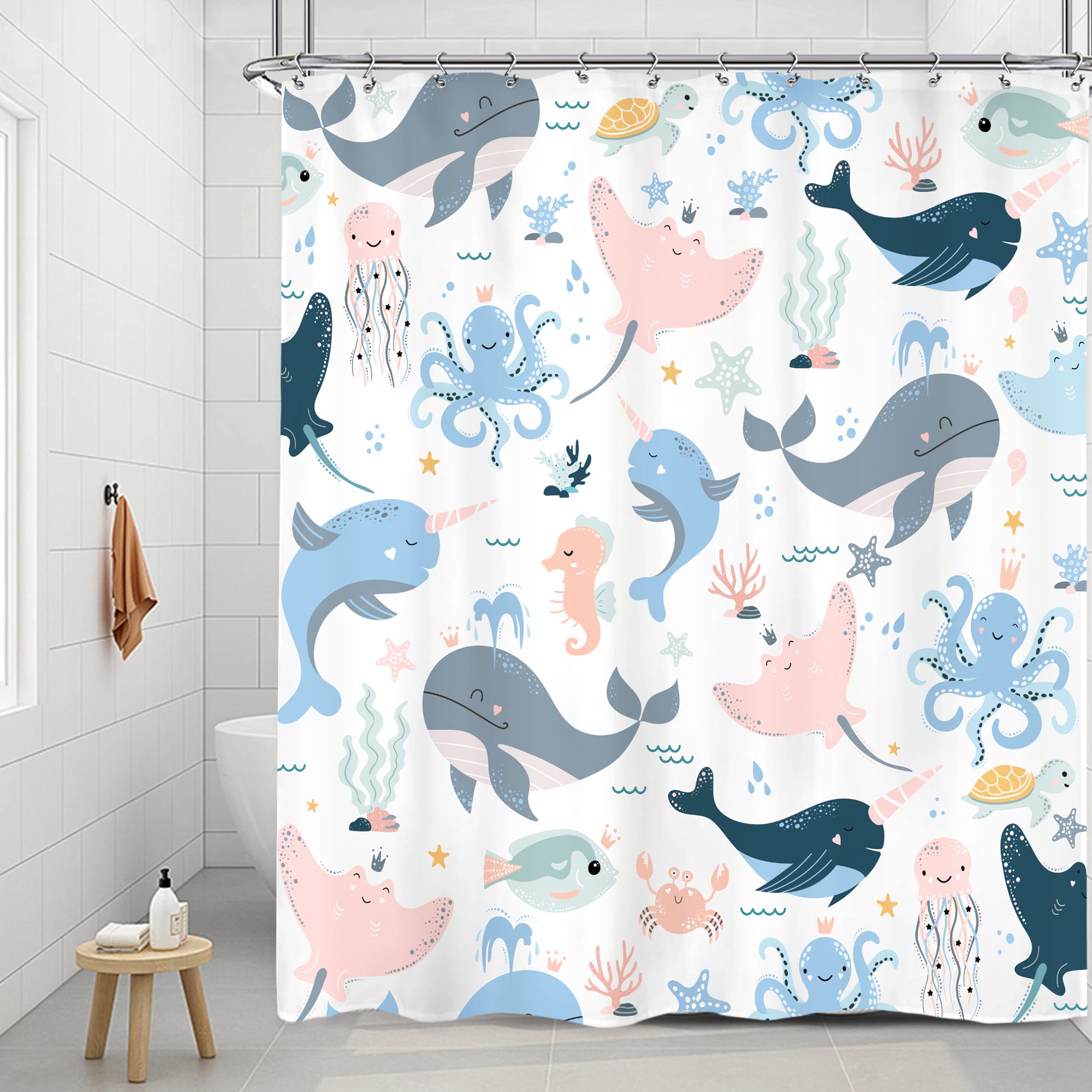 Riyidecor Ocean Whale Kids Shower Curtain 60Wx72H Inch Underwater Cartoon Animal Octopus Jellyfish Sea Life Cute Pink Blue Seawe