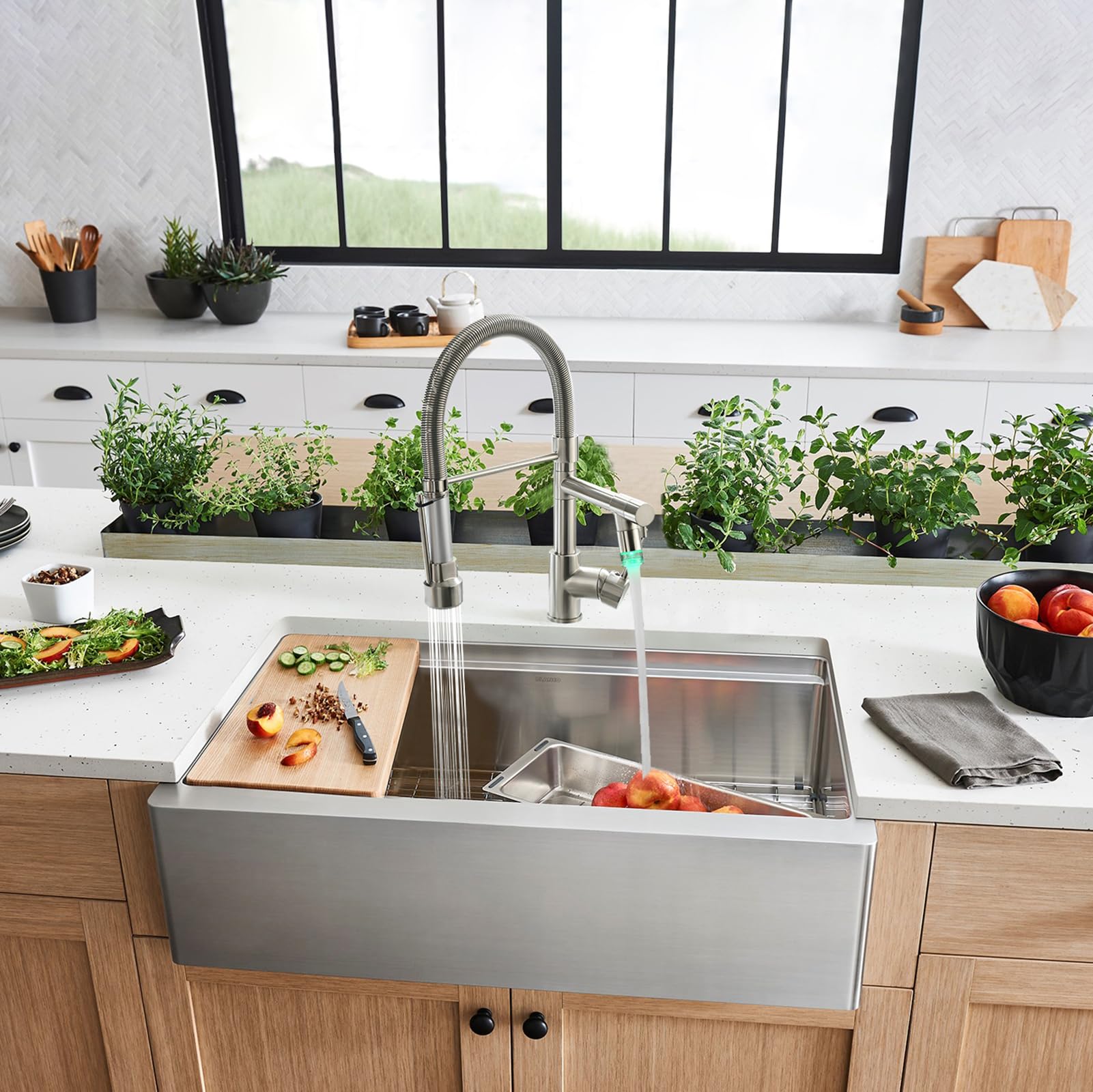 Fapully Kitchen Faucets With Pull Down Sprayer,Commercial Single Handle Kitchen Sink Faucet With Led Light,Brushed Nickel