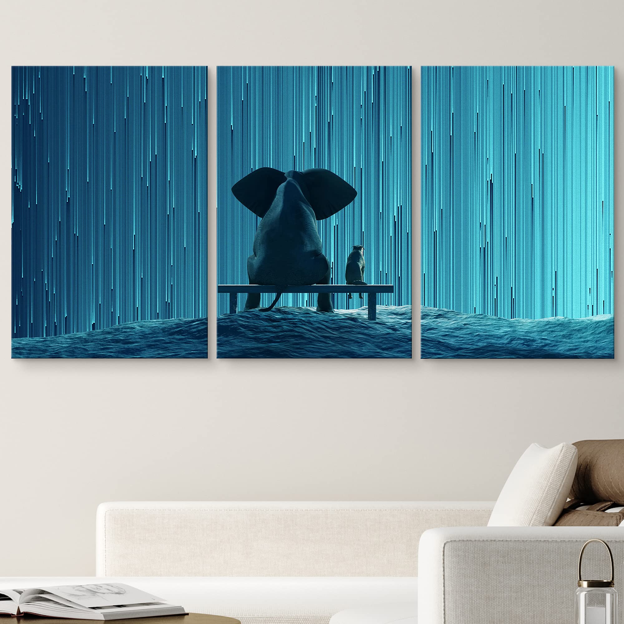 Wall26 Canvas Print Wall Art Set Elephant & Dog With Geometric Star Rain Astronomy & Space Sky Illustrations Realism Landscape C