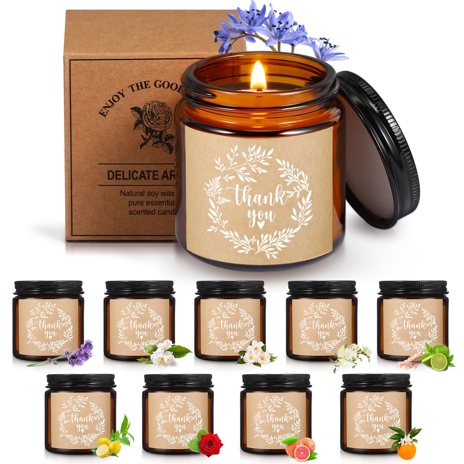 Coume 10 Pcs Thank You Gifts for Women, Mom Bulk Inspirational Teacher Appreciation Gifts 3.5 oz Soy Wax Scented Jar Candles for