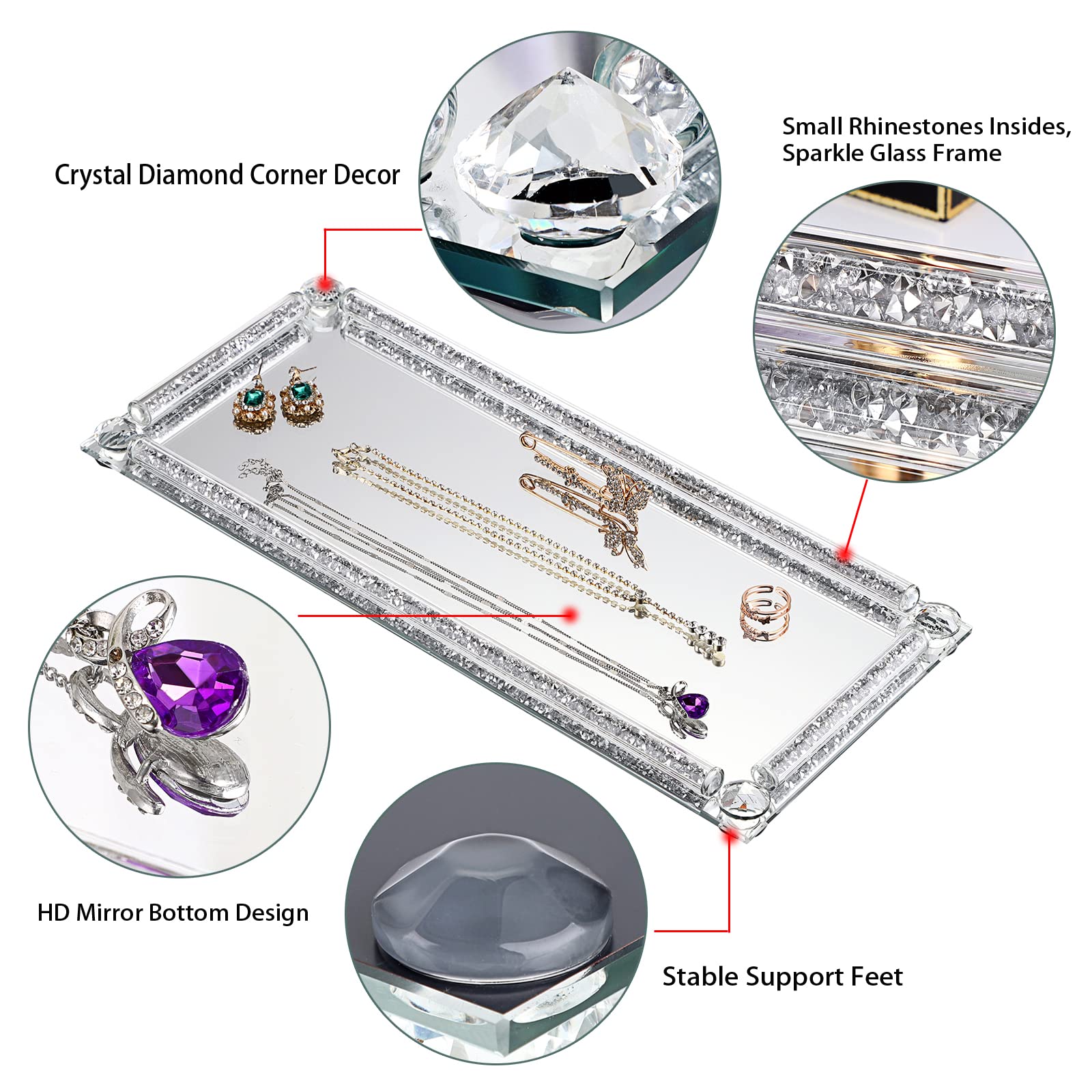 Juxyes Crushed Diamond Cosmetic Makeup Tray Sparkle Mirrored Vanity Tray, Heavy Decorative Jewelry Trinket Countertop Mirrored D