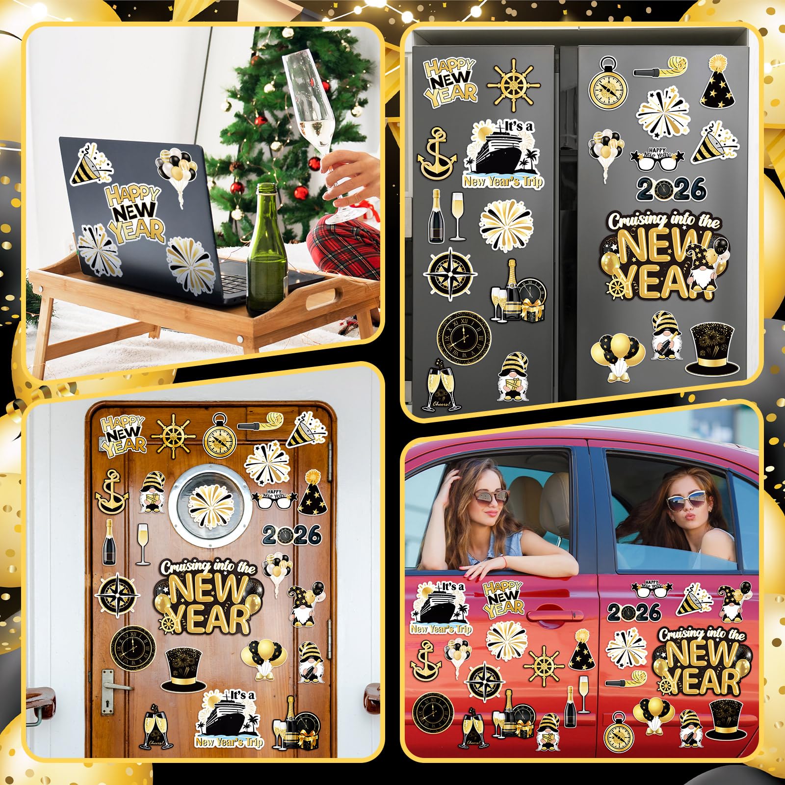 Xuhal 23 Pcs New Year Cruise Door Magnet Gold Black New Year Refrigerator Magnets Gnome Balloon Fridge Magnetic Stickers Garage