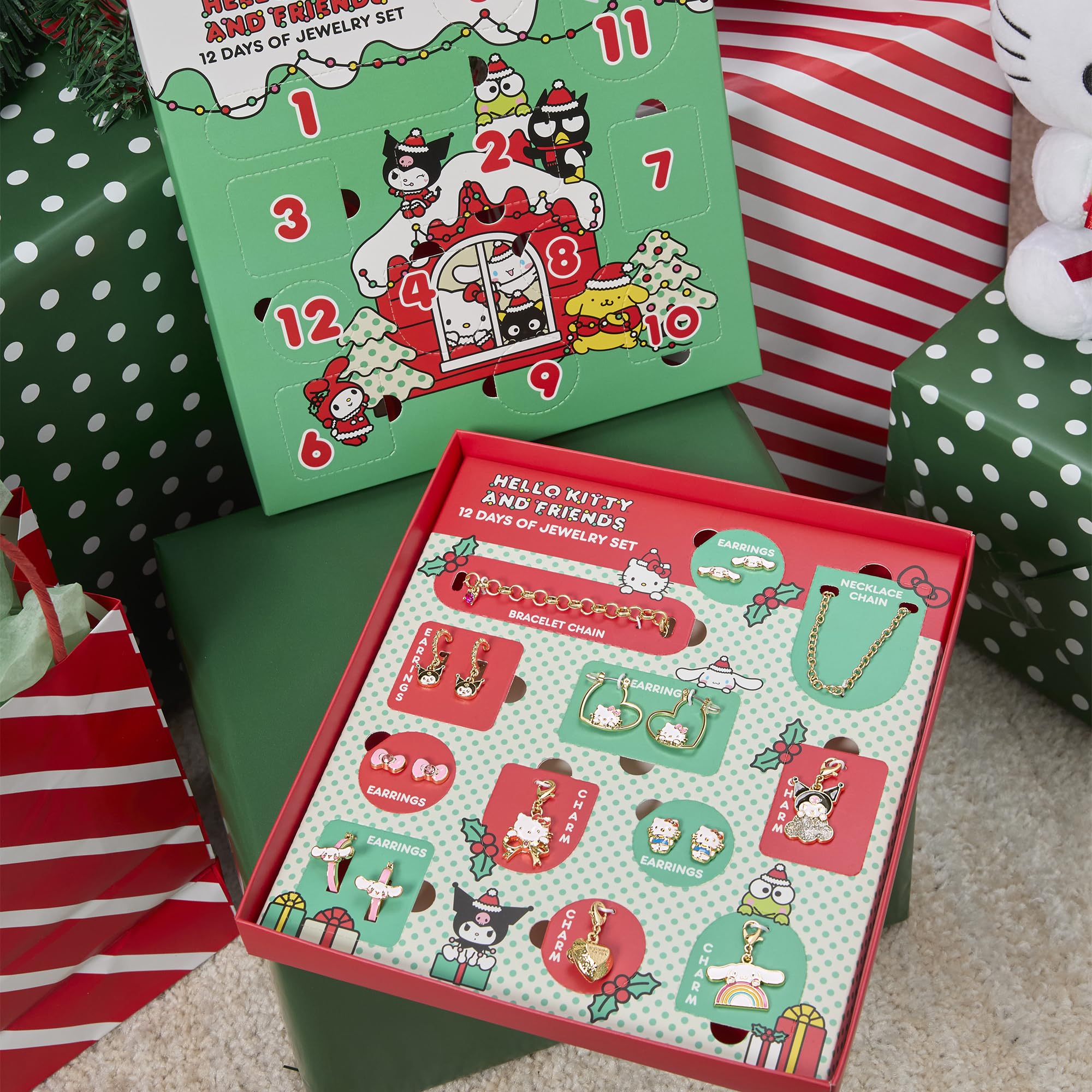 Hello Kitty and Friends Jewelry Advent Gift Set: 12 Piece Earrings Necklace Bracelet & Charms Mix & Match Christmas Set