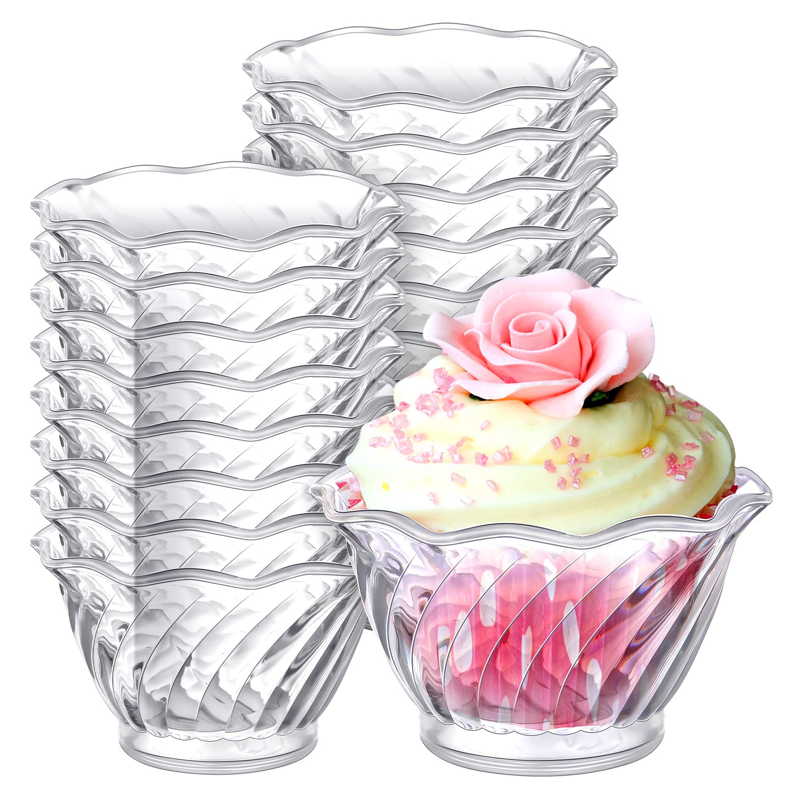 Rtteri 30 Pack Plastic Dessert Cups 6 Oz Clear Ice Cream Sundae Tasting Bowls, Mini Round Swirl Tulip Shape Party Buffet Serving