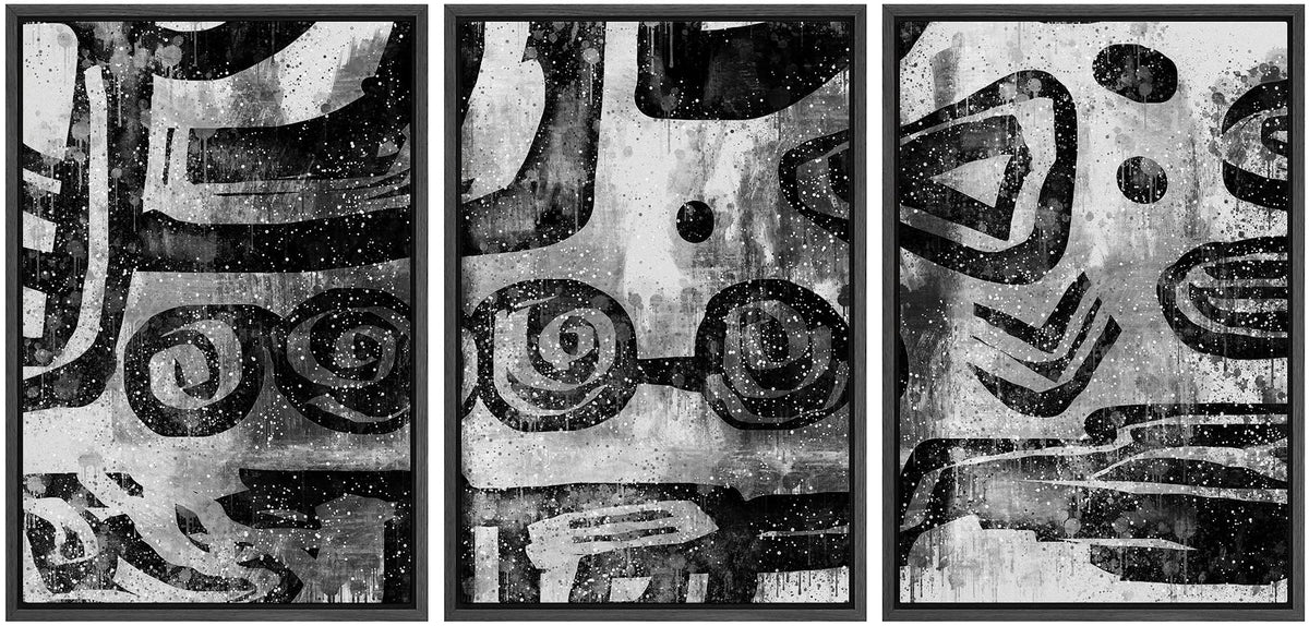 Idea4Wall Framed Wall Art Print Set Black & White Line Art & Polygon Pattern Abstract Shapes Illustrations Modern Art Mid-Centur