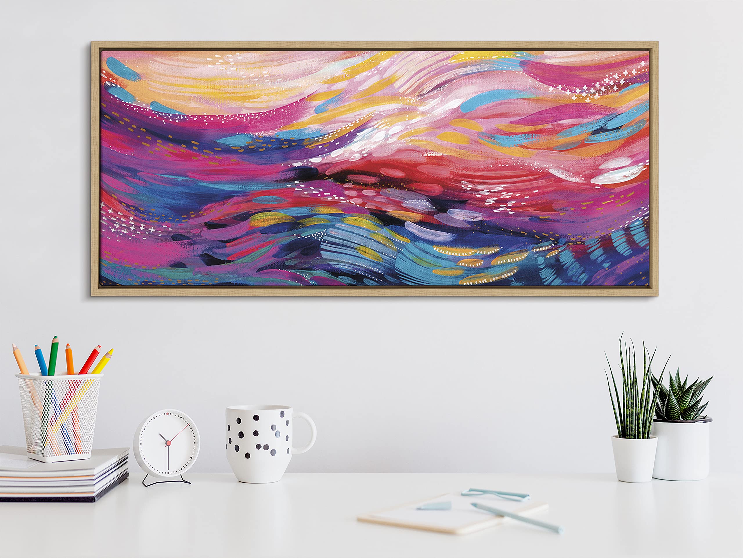 Kate And Laurel Sylvie Brush Strokes 90 Framed Canvas Wall Art By Jessi Raulet Of Ettavee, 18X40 Natural, Vibrant Abstract Art F