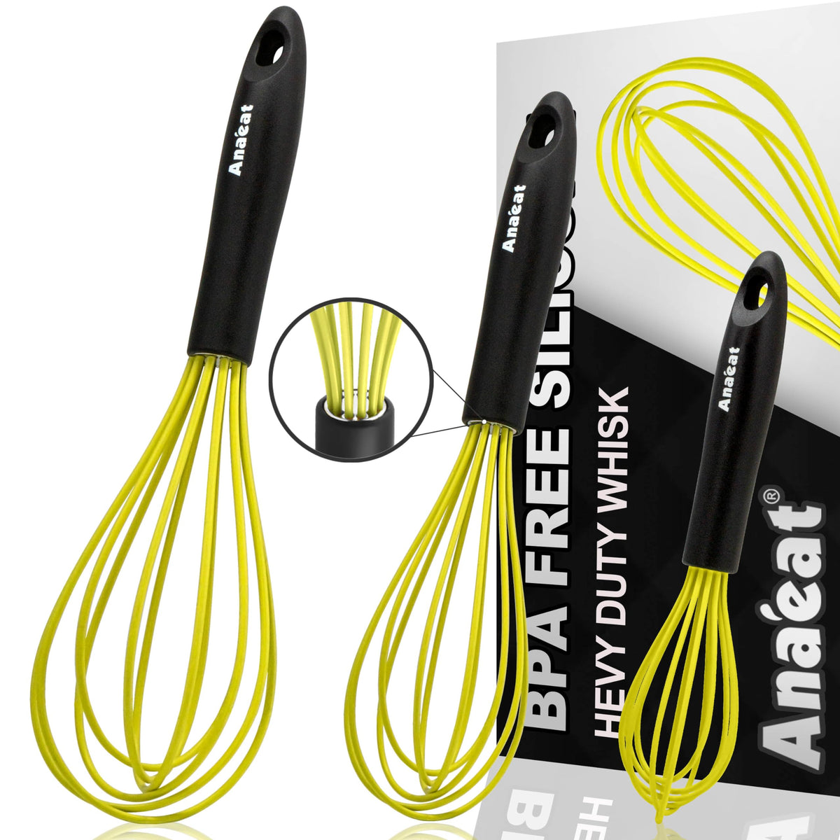 Anaeat Silicone Whisk, Thick Stainless Steel Wire Inner Heat Resistant - Kitchen Whisks For Non-Stick Cookware, Balloon Egg Beat