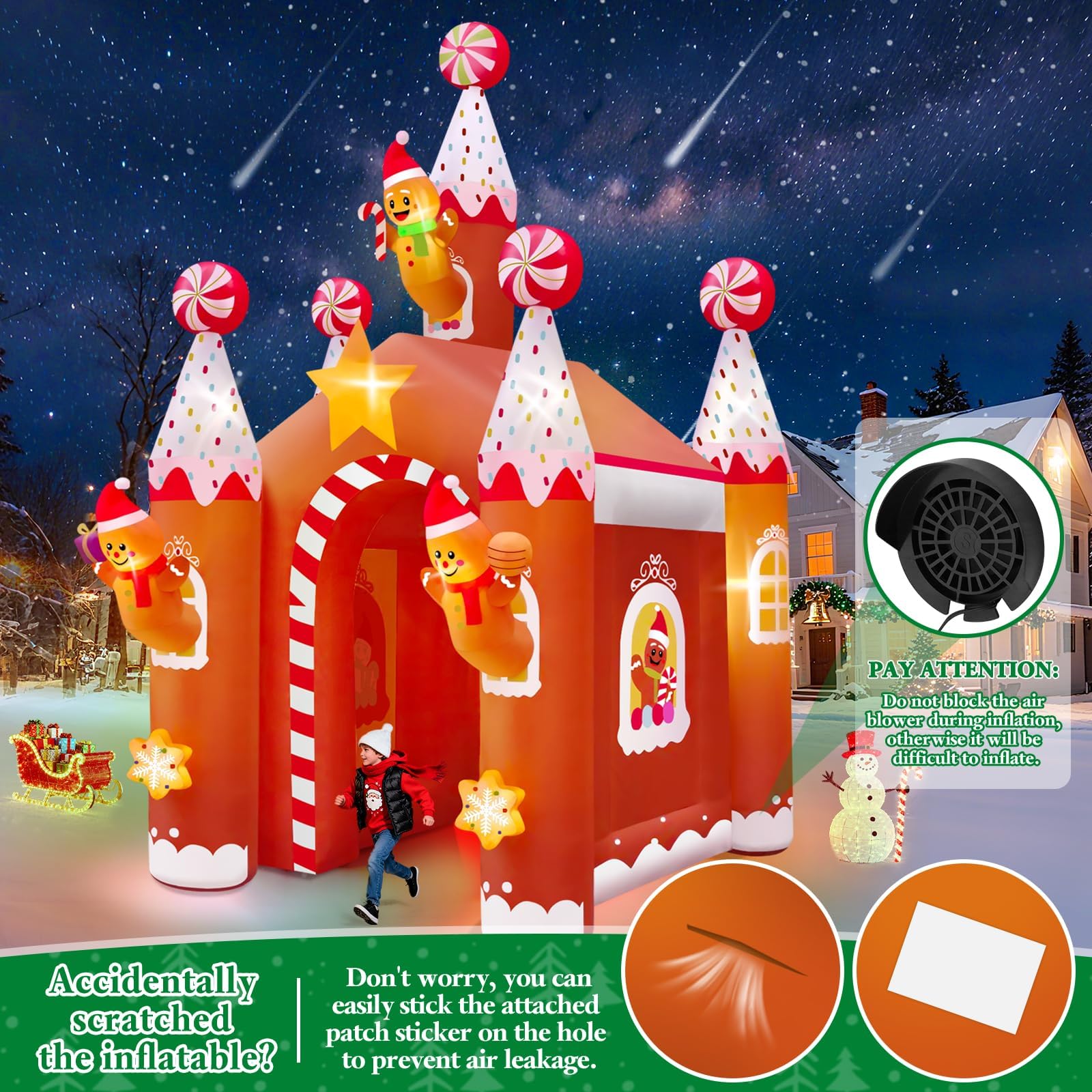 Kalolary 13FT Christmas Inflatable Archway with LED Light, Large Gingerbread Man Tunnel Inflatable Christmas Castle Yard Inflata