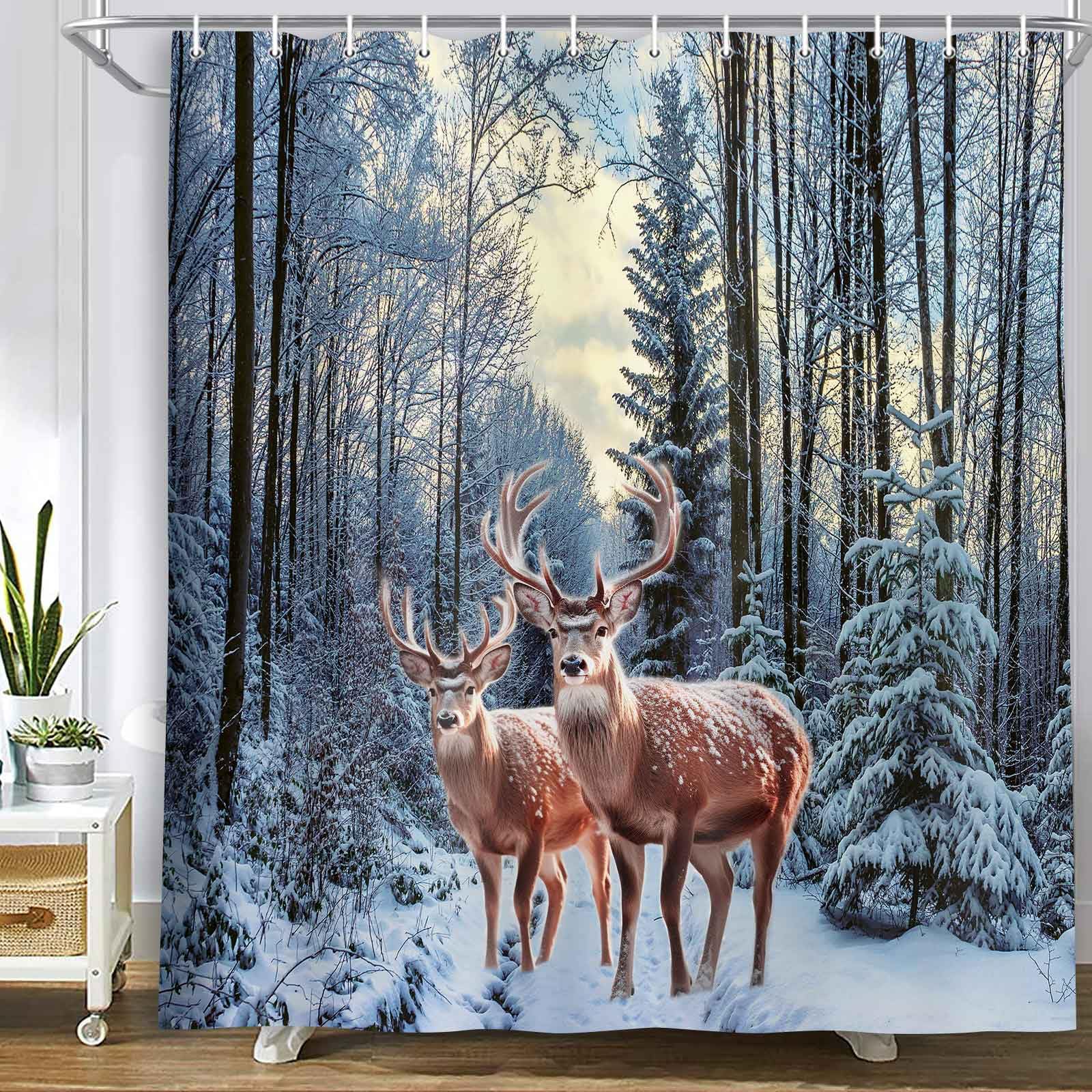 Merchr Winter Snow Forest Shower Curtain, Christmas Pine Tree Deer Snowflake Shower Curtain For Bathroom, Xmas Holiday Decor Rus