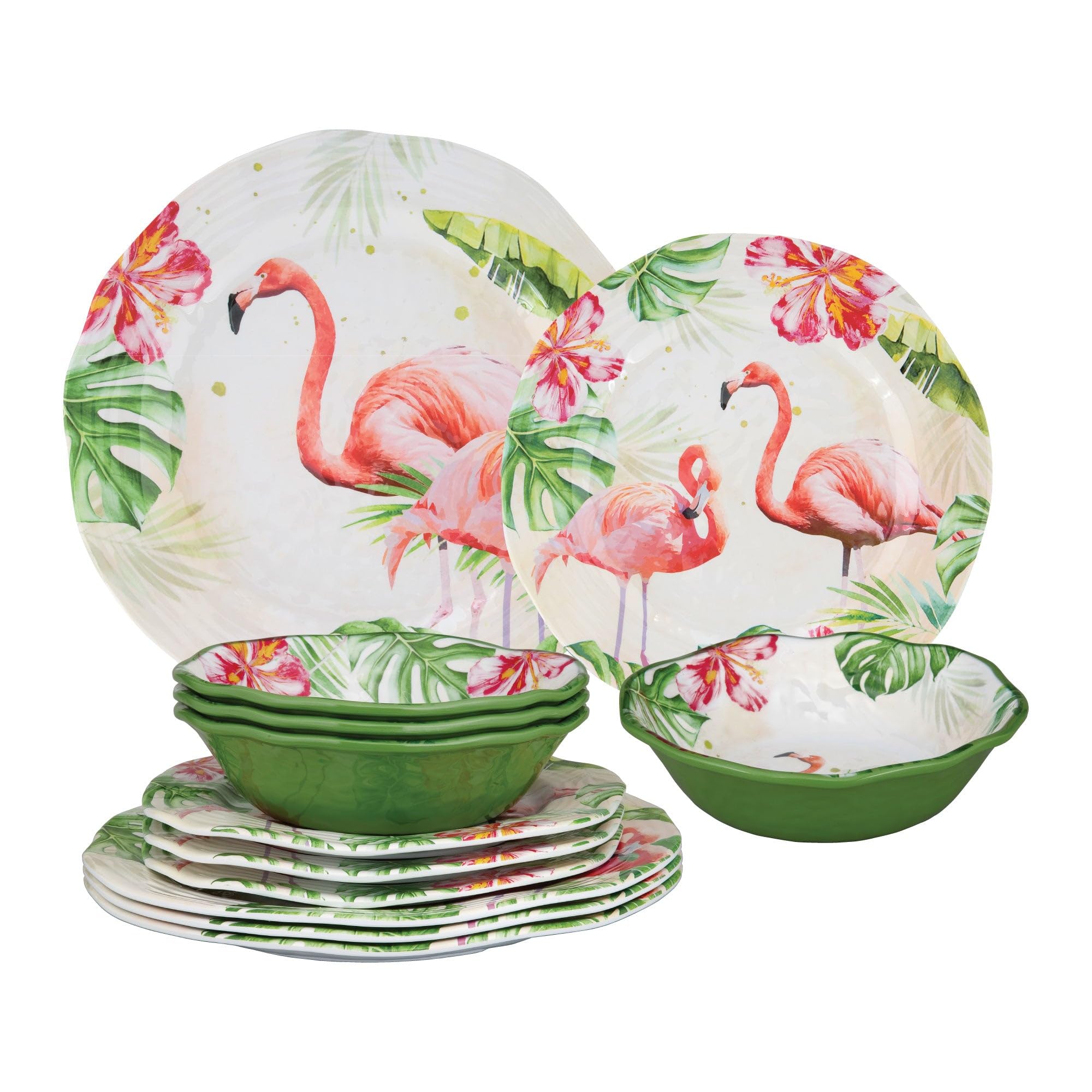 UPware 12-Piece Melamine Dinnerware Set, Includes Dinner Plates, Salad Plates, Bowls, Service for 4 (Flamingo)