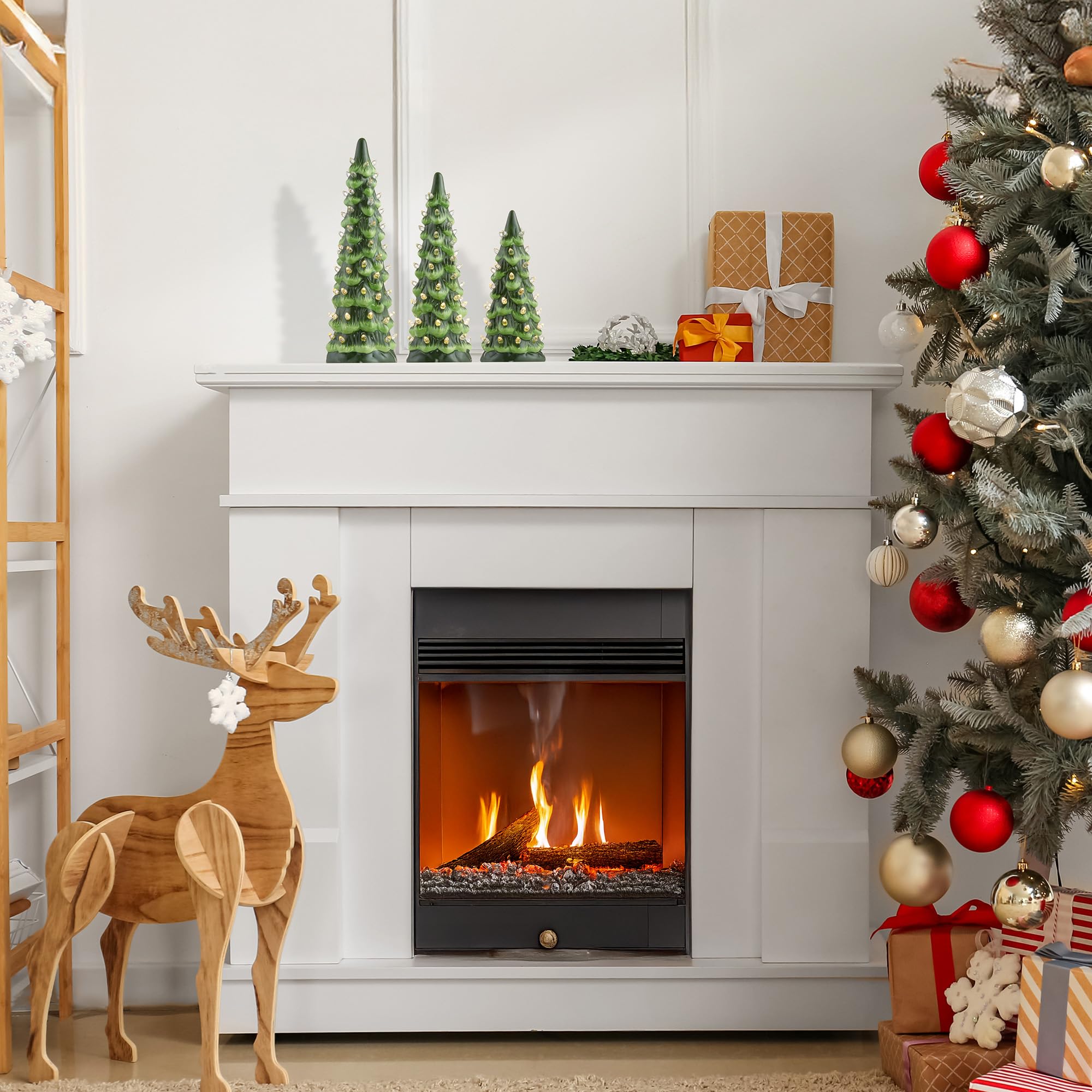 Casafield Set of 3 Hand Painted Ceramic Christmas Tree - Green Pre-Lit 8, 10, 12-Inch Trees with White Lights