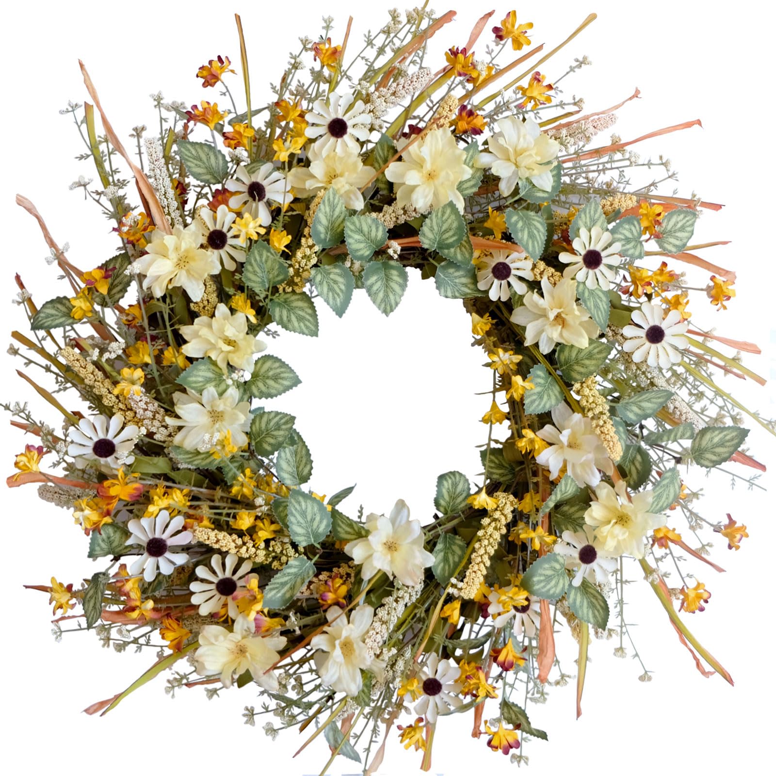 idyllic 22 Inches Fall Front Door Wreath with Yellow and White Daisies Flowers, Ear of Wheat, Green Leaves, Autumn Harvest Wreat