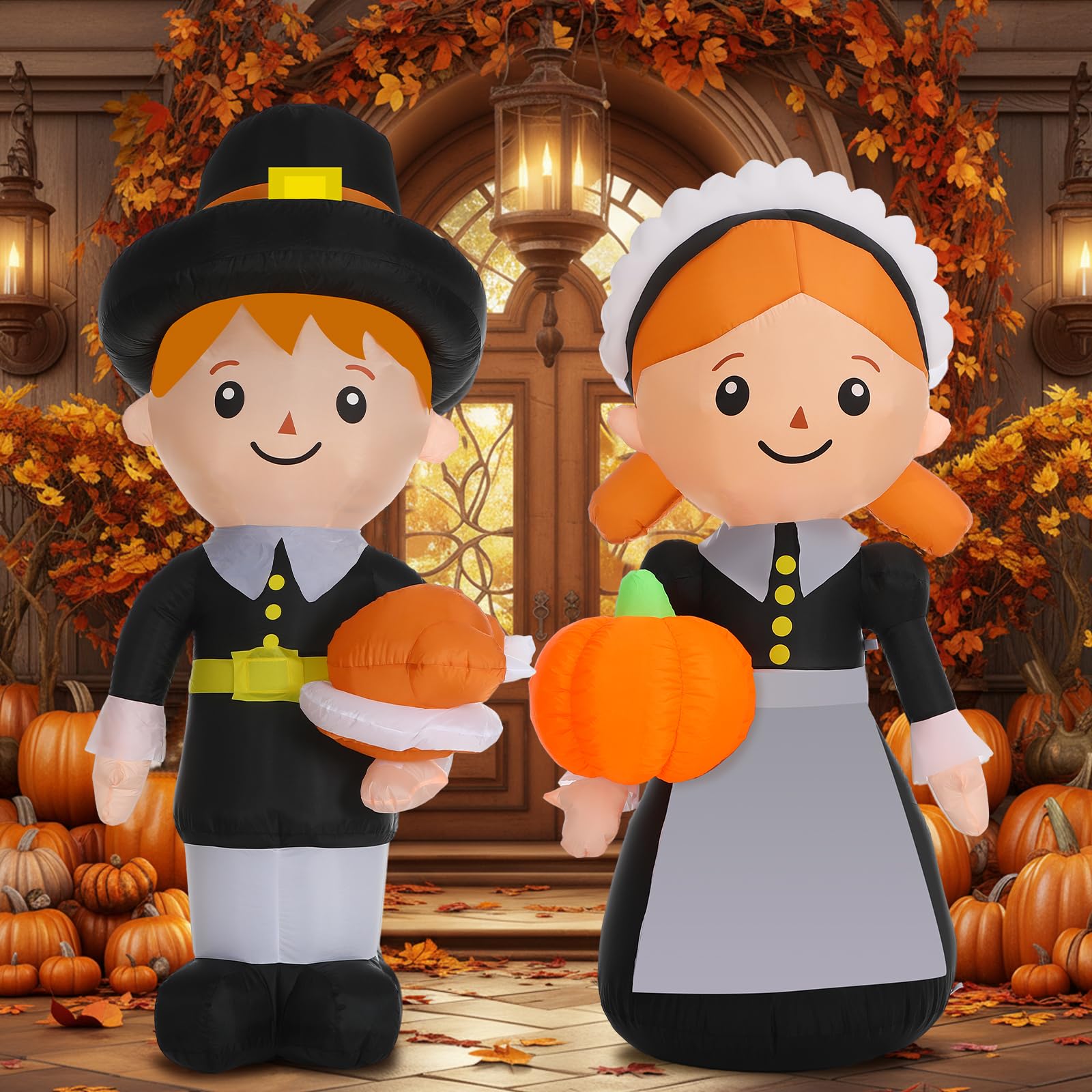 Leyndo 6.3 ft Thanksgiving Pilgrim Inflatable Decoration, 2 Pcs Fall Pilgrim Blow up Outdoor Decoration with LED Lights Harvest