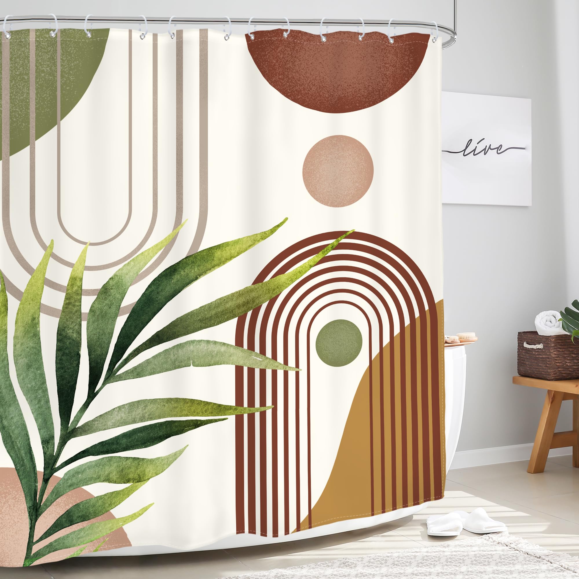 Glawry Green Brown Boho Shower Curtain Abstract Mid Century Plant Tropical Leaves Modern Geometric Bathroom Minimalist Arch Curv