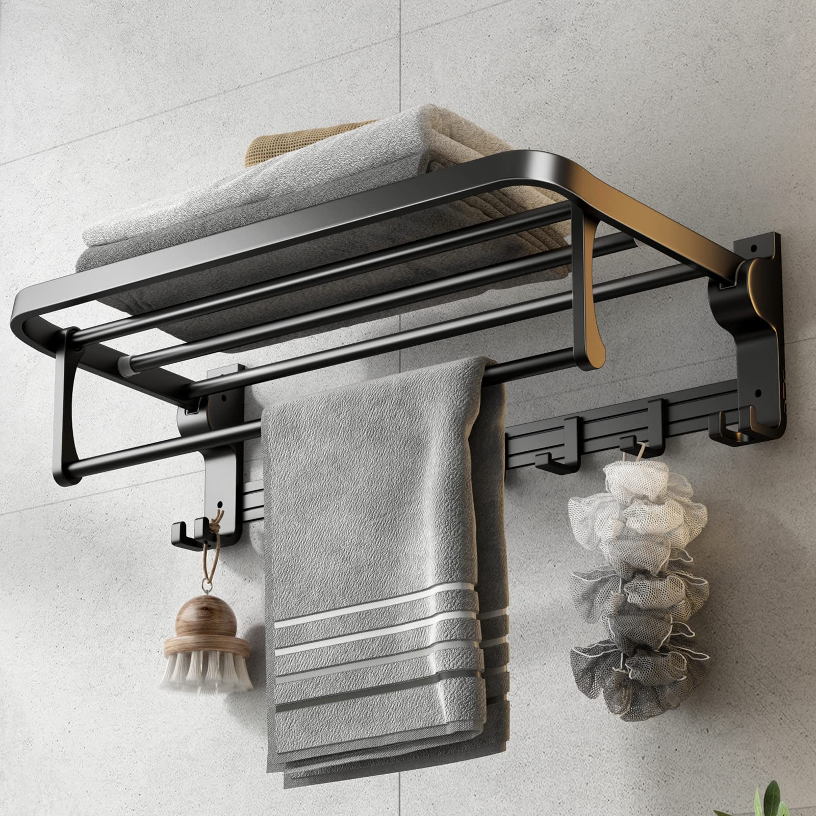 Volpone 24 Inch Towel Rack With Towel Bar Holder Foldable Towel Shelf With Movable Hooks Rustproof Towel Storage Wall Mount For