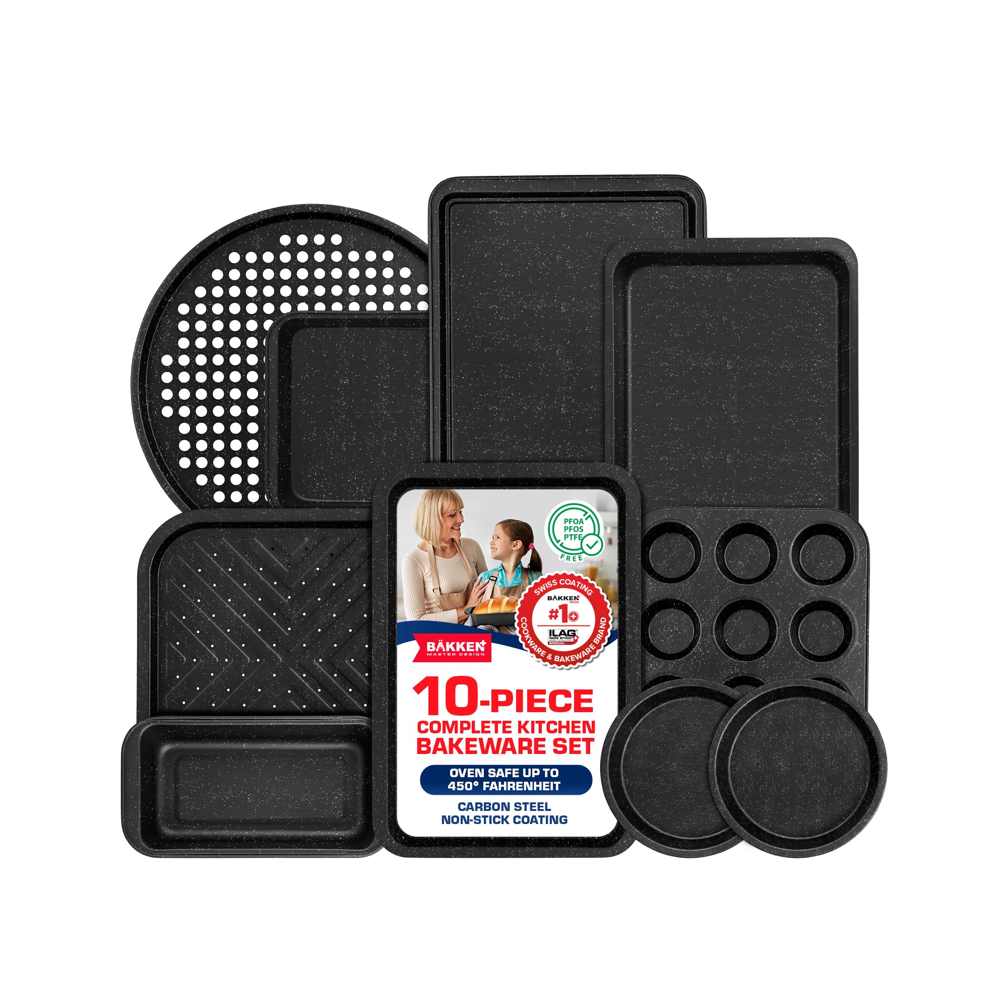 BAKKEN 10Piece Kitchen Baking Pan Set  Commercial Grade Carbon Steel Bakeware, With Nonstick Coating, Stackable and Spacesavi
