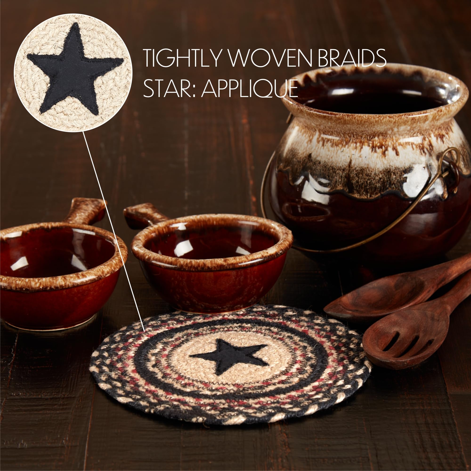 Vhc Brands Colonial Star Trivet Hot Pad For Pots Pans, Tan Black Red, Jute Blend, Round Circle, 8 Inches