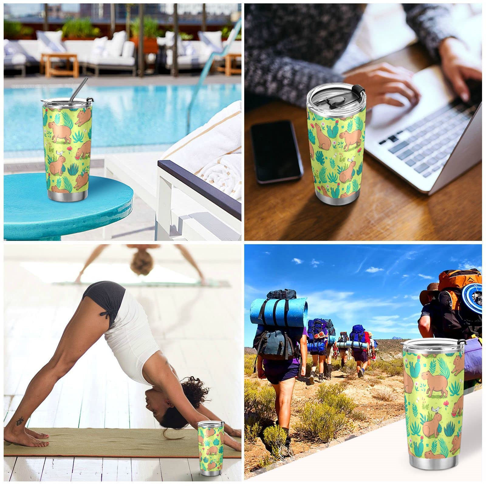 Yasala Tumbler Capybara Cacti Blue Insulated Coffee Cup Driver Beverage Container Office Travel Mug With Straw And Lid 20Oz Back
