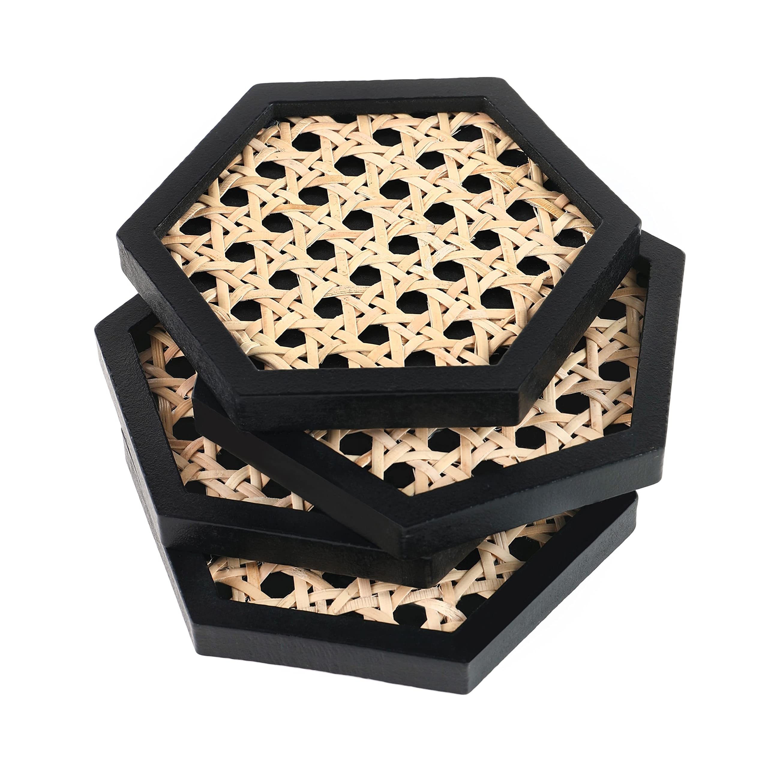 Unique Wooden Rattan Coasters | Stylish Rattan Decor To Protect Surfaces | Set Of 4 | Classic Black Coasters For Drinks | Natura