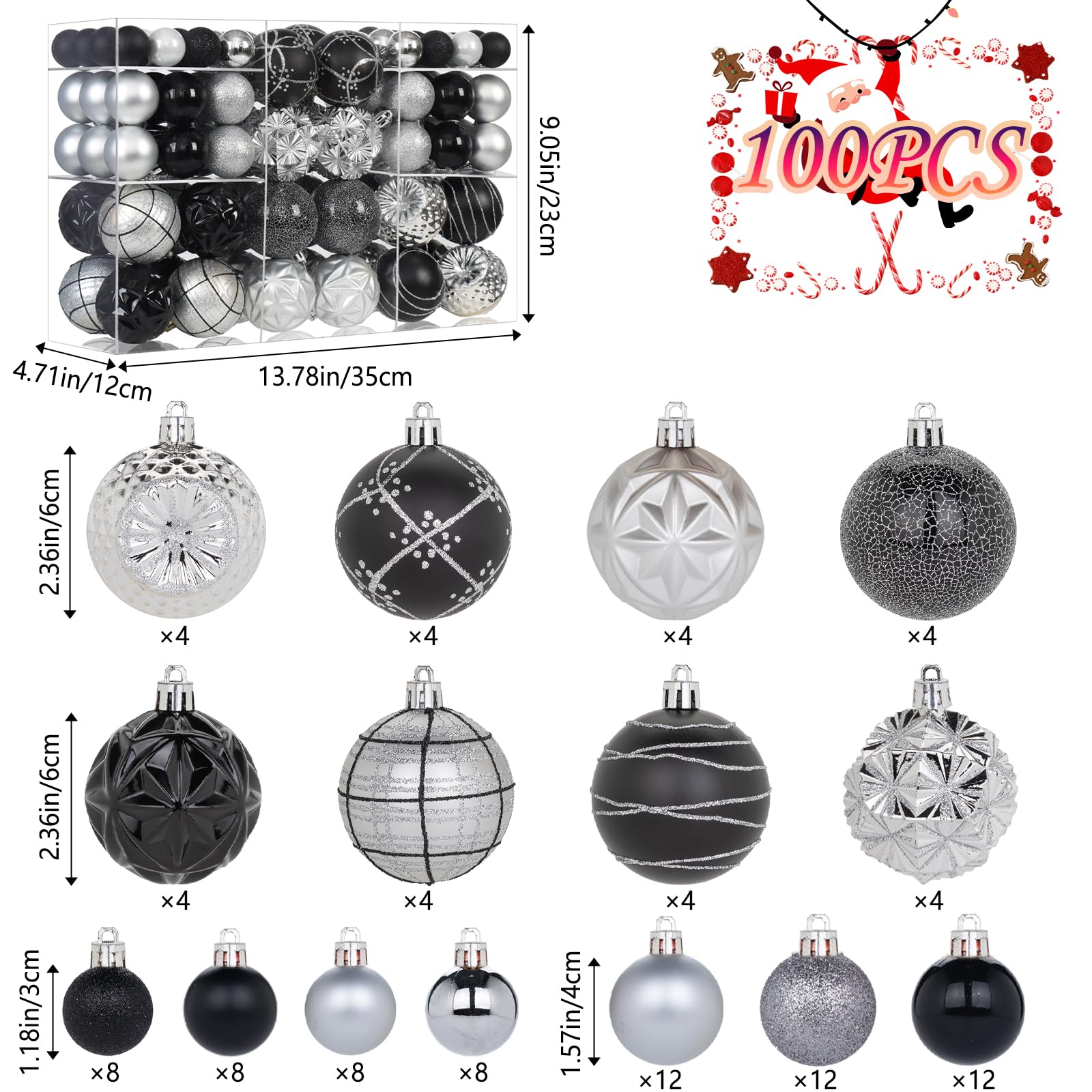 Christmas Ball Ornaments Set, 100Pcs Shatterproof Christmas Tree Decoration, Assorted Shapes Hanging Ball for Holiday Festival P