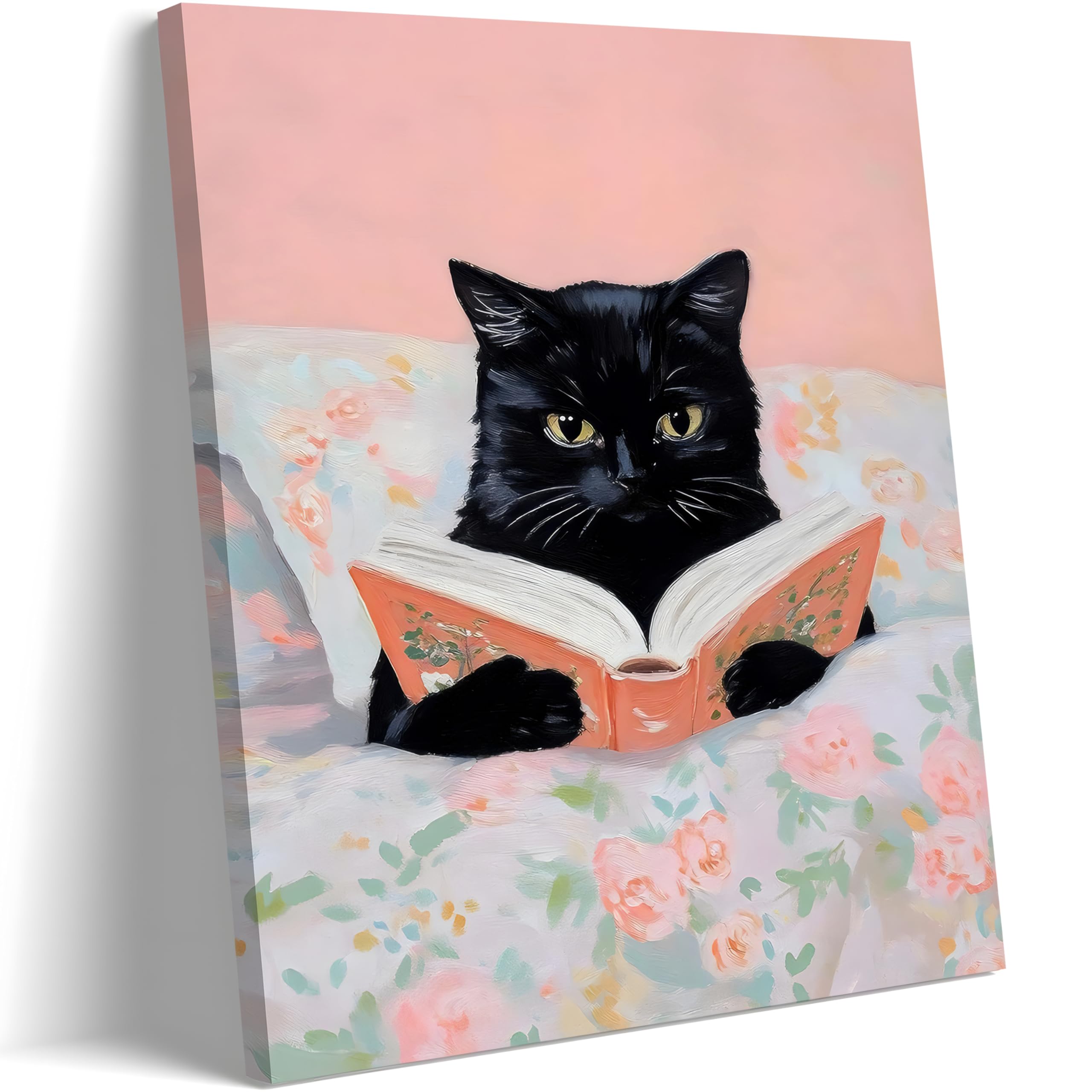 Framed Black Cat Canvas Wall Art, Funny Animal Pictures, Funny Cat Reading Book Print Poster 16X24 Inch