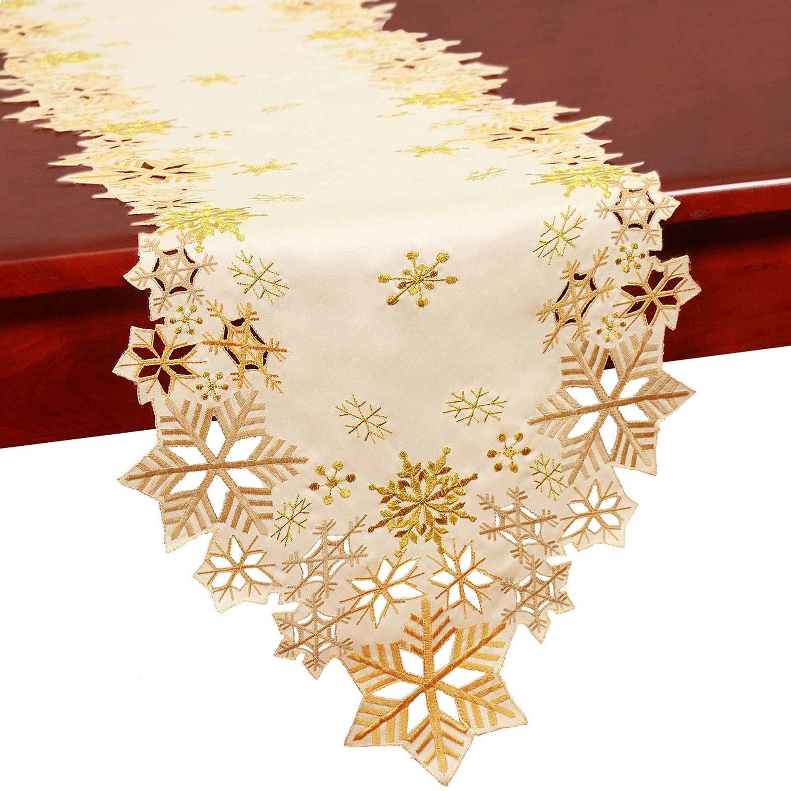 Simhomsen Embroidered Gold Snowflakes Table Runners for Christmas Holiday and Winter (Gold, 14  69 inches)