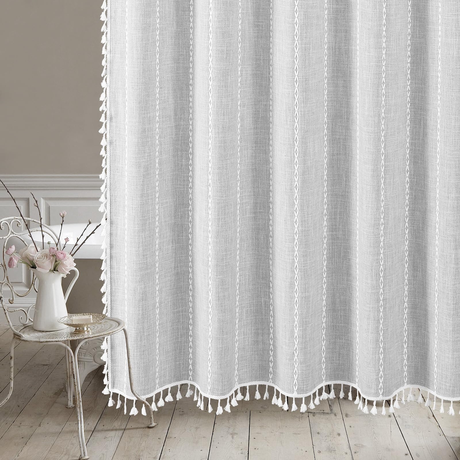 Mitovilla Grey Boho Farmhouse Small Stall Shower Curtain Set 36 X 72, Half Size Narrow Cotton Linen Fabric Shower Curtains For F