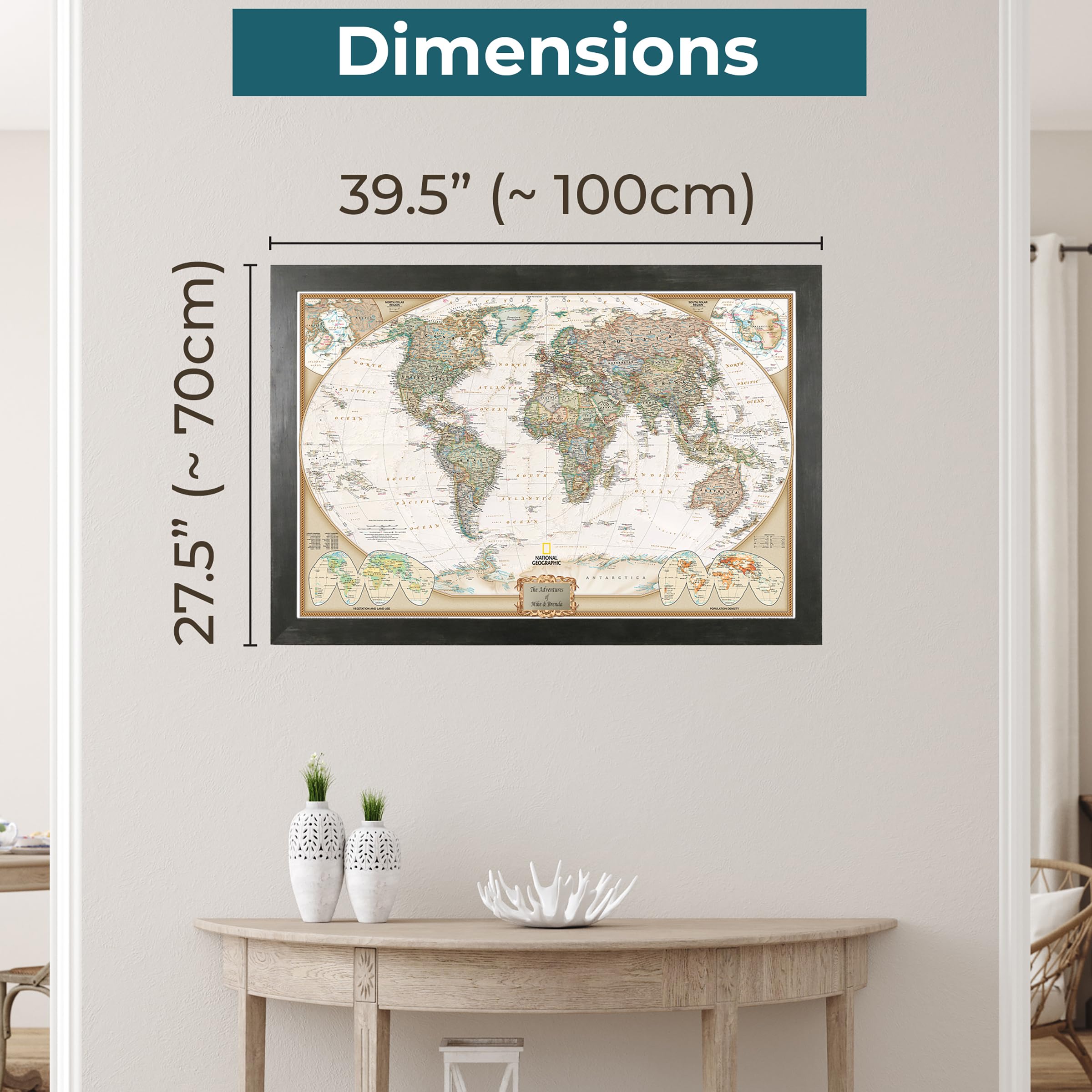 Push Pin Travel Maps Personalized Executive World With Rustic Black Frame And Pins - 27.5 Inches X 39.5 Inches
