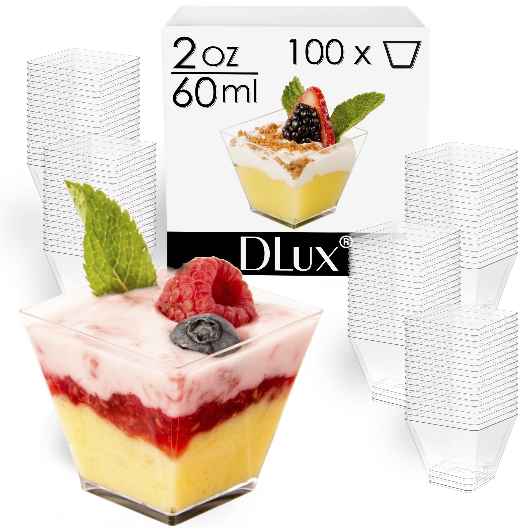 Dlux 100 X 2Oz Square Mini Dessert Cups (No Spoons), Clear Plastic Parfait Appetizer Cup - Small Reusable Serving Bowl For Tasti
