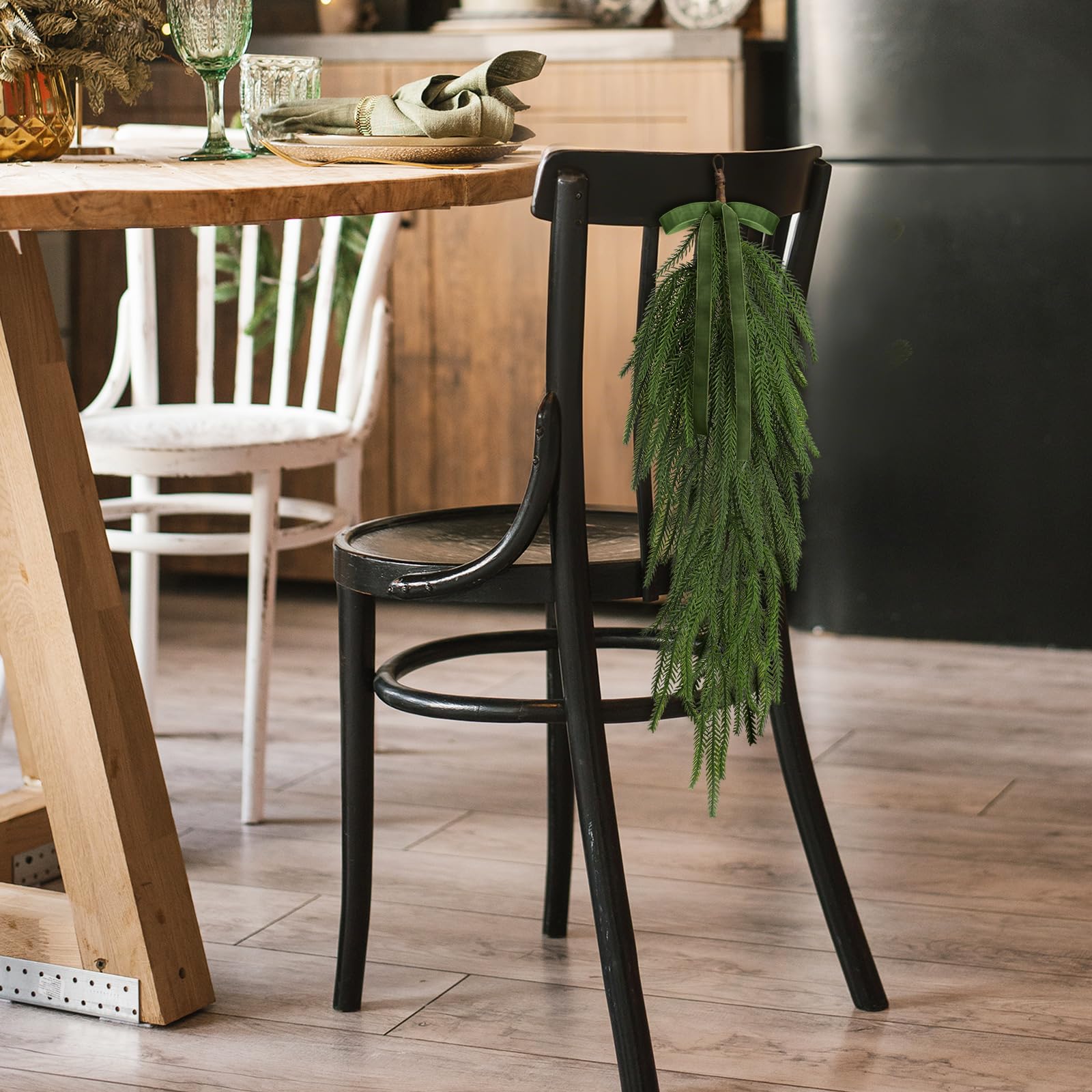 Shihanee 4 Pack 24 Inch Christmas Teardrop Swags with Rustic Velvet Ribbon Bow Artificial Realistic Norfolk Pine Greenery Swag f