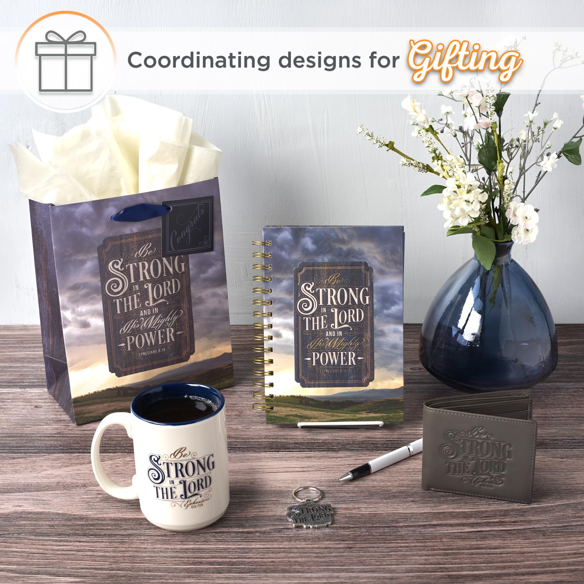 Christian Art Gifts Large Ceramic Coffee & Tea Mug for Men & Women: Strong in the Lord Bible Verse, White & Blue, 14 oz.