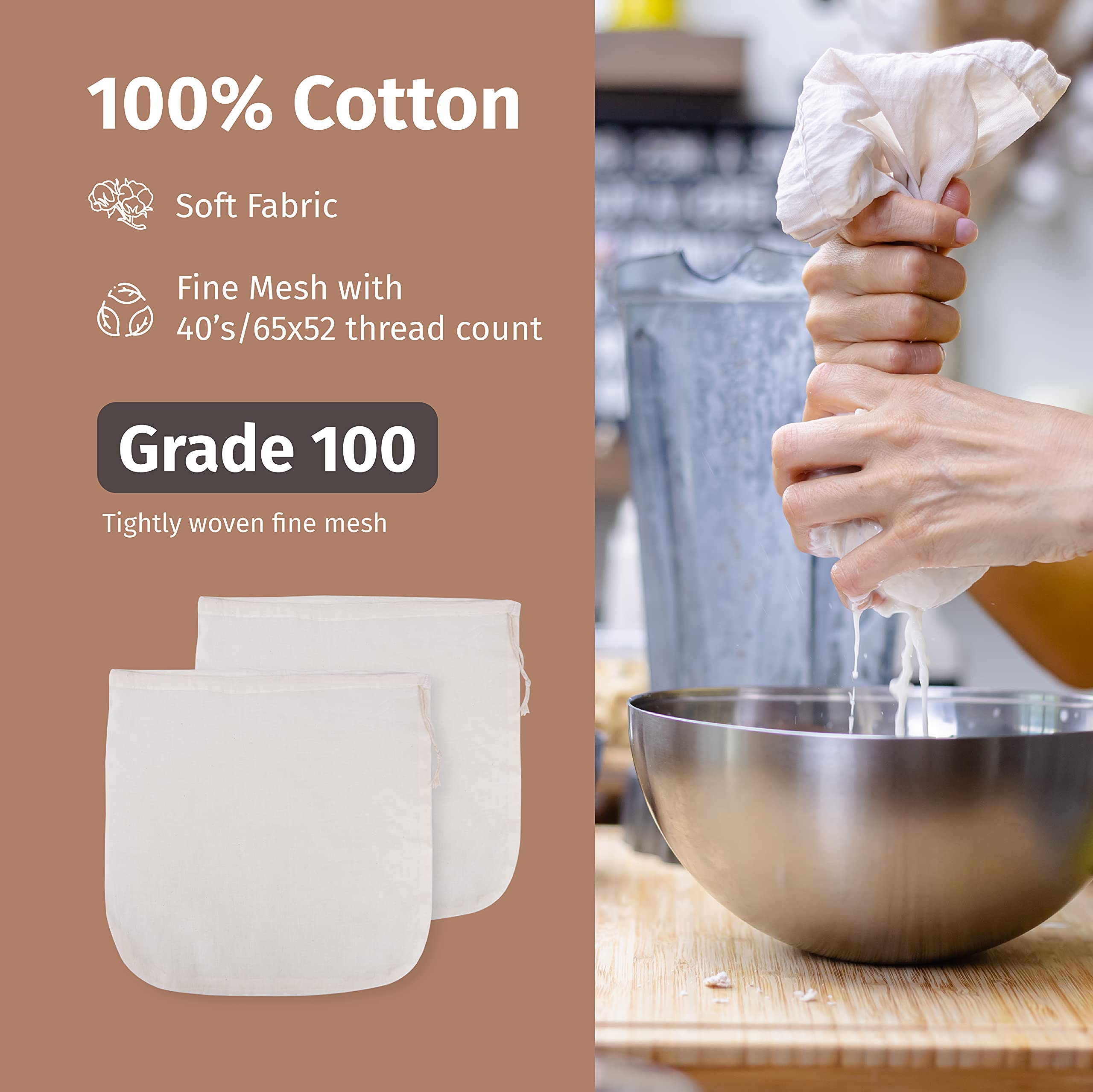 Perfecti Fabrics 2 Pieces Reusable Grade 100 Nut Milk Bags For Straining, Unbleached Cloth Bag For Juicing Almond Oats Nutmilk,