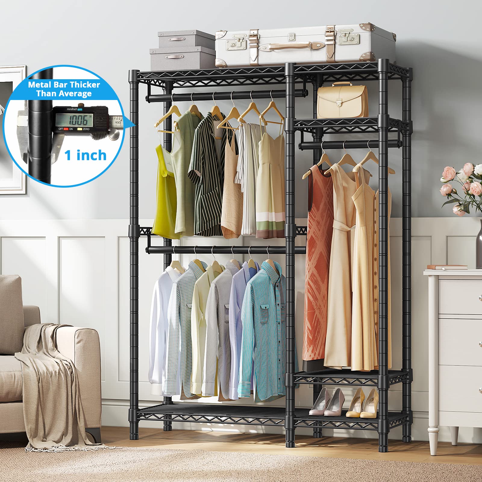 VIPEK V2S Garment Rack Heavy Duty Commercial Grade Clothes Rack  4 Tiers Adjustable Wire Shelving Clothing Racks with 3 Hanging Rods  Freestanding Closet Metal Wardrobe Closet  Max Load 650LBS  Black