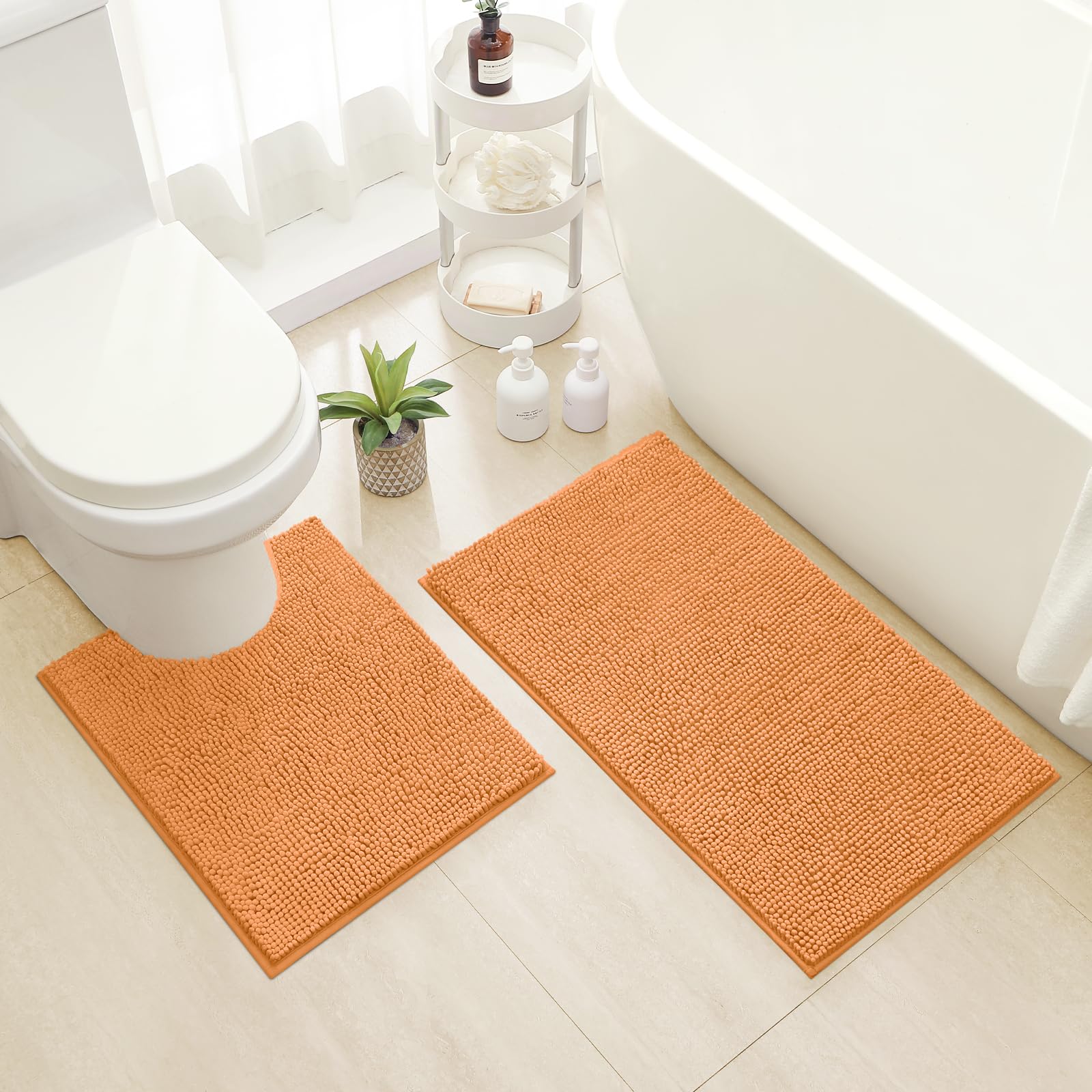 HOMEIDEAS 2 Pieces Bathroom Rugs  Ultra Soft Non Slip Absorbent Chenille Toilet Bath Mat Set (Orange)