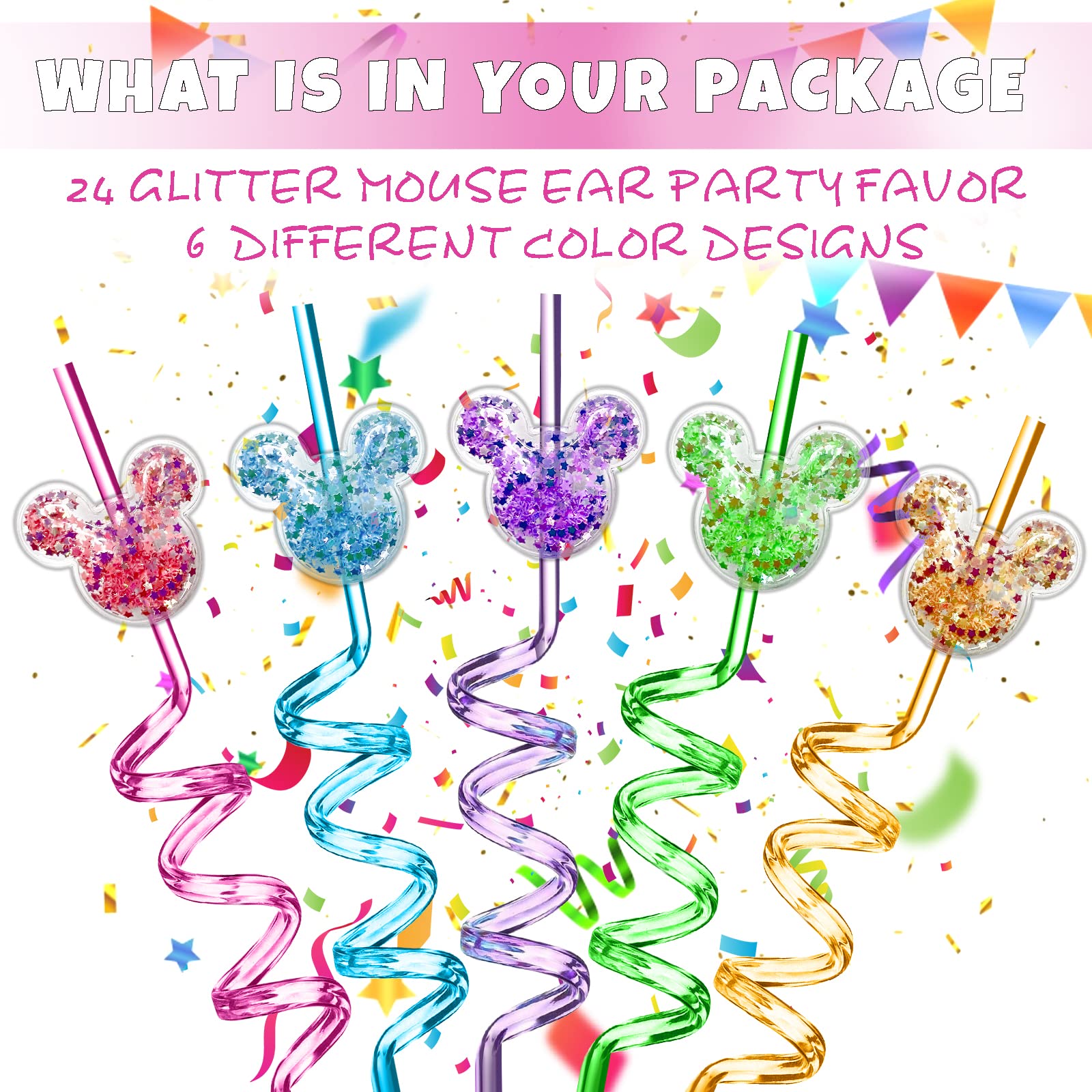 24Pcs Glitter Mouse Straws For Kids Party Favors, Straws For Birthday Party Supplies, Drinking Straws For Boys Girls Party Decor