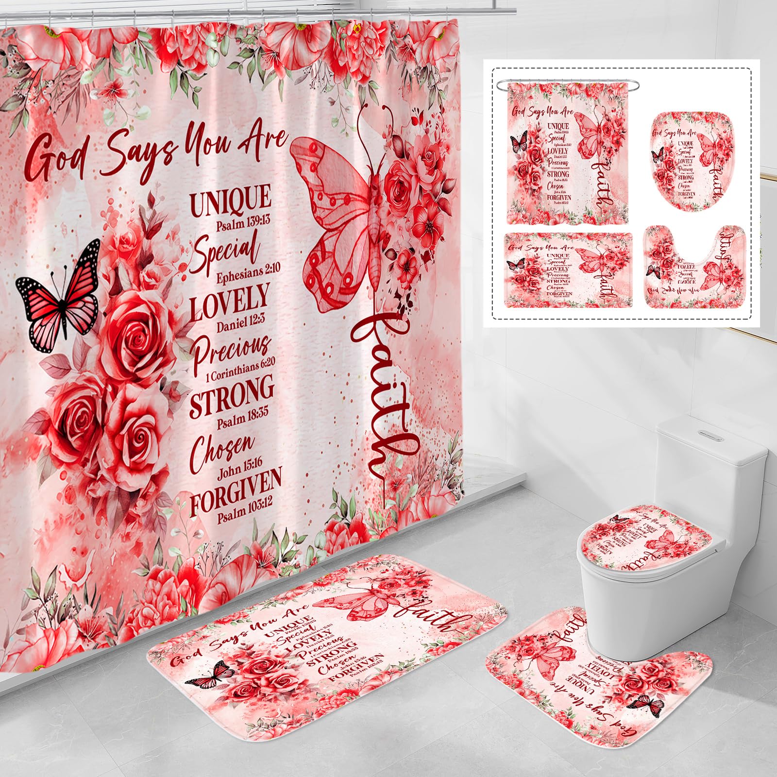 Litabel 4 Pcs Red Butterfly Inspirational Quotes Shower Curtain Set With Rugs And Toilet Lid Cover, Colorful Boho Waterproof Fab