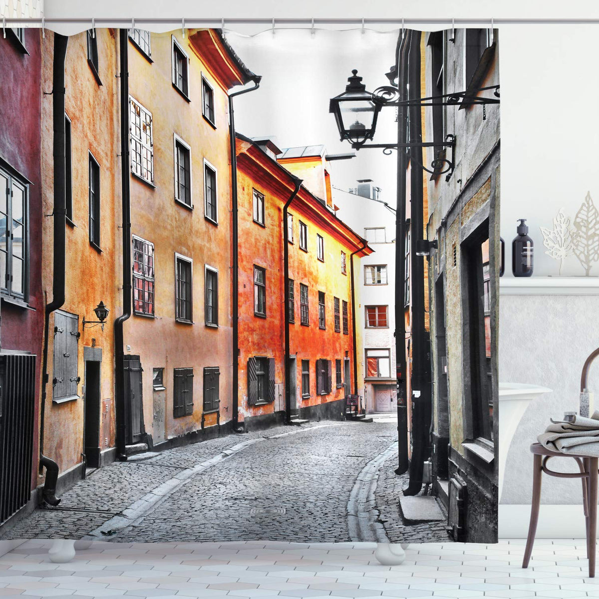 Ambesonne Wanderlust Shower Curtain, Streets Of Stockholm Old Town Famous Landmark Pavement Europe, Cloth Fabric Bathroom Decor