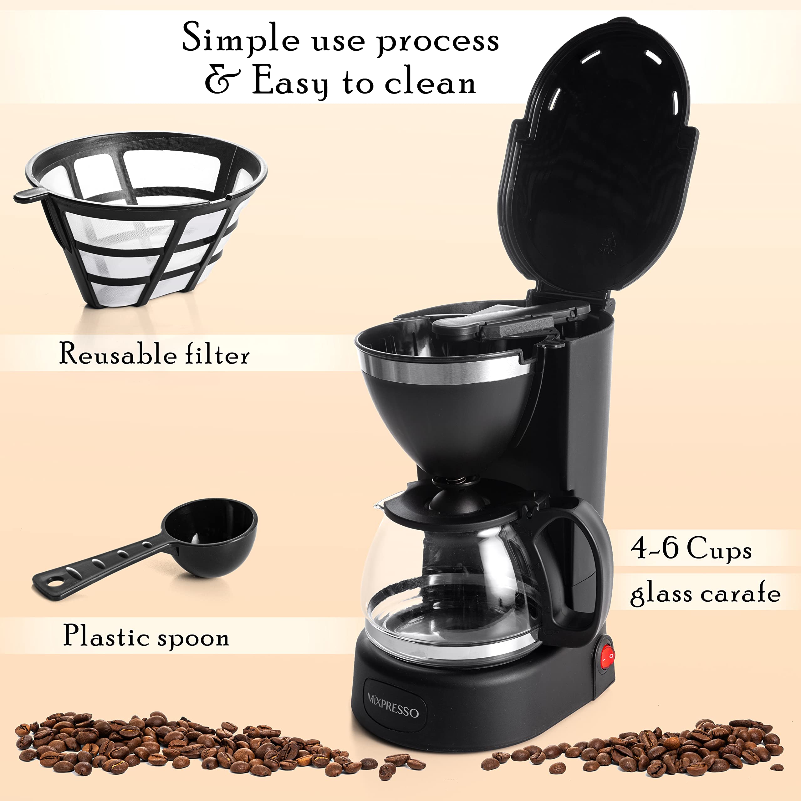 Mixpresso 5 Cup Coffee Maker 25 Oz, Mini Coffee Pot With Removable & Reusable Coffee Filter, Compact 5-Cup Drip Coffee Maker, El