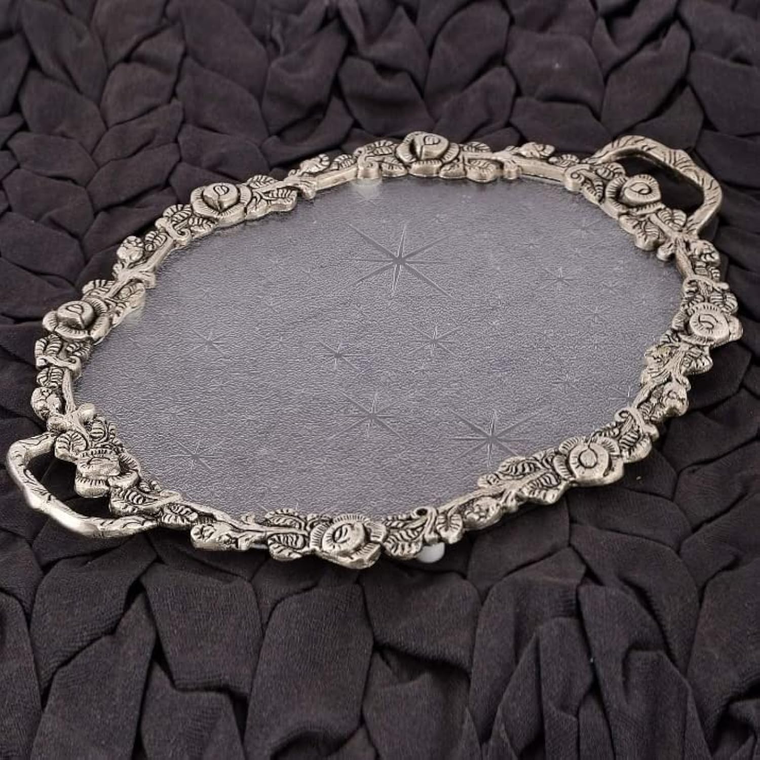 Labhcart Handmade Rectangular Serving Tray With Brass Metal Handle For Home And Office Metal Fiber Serving Tray, Silver